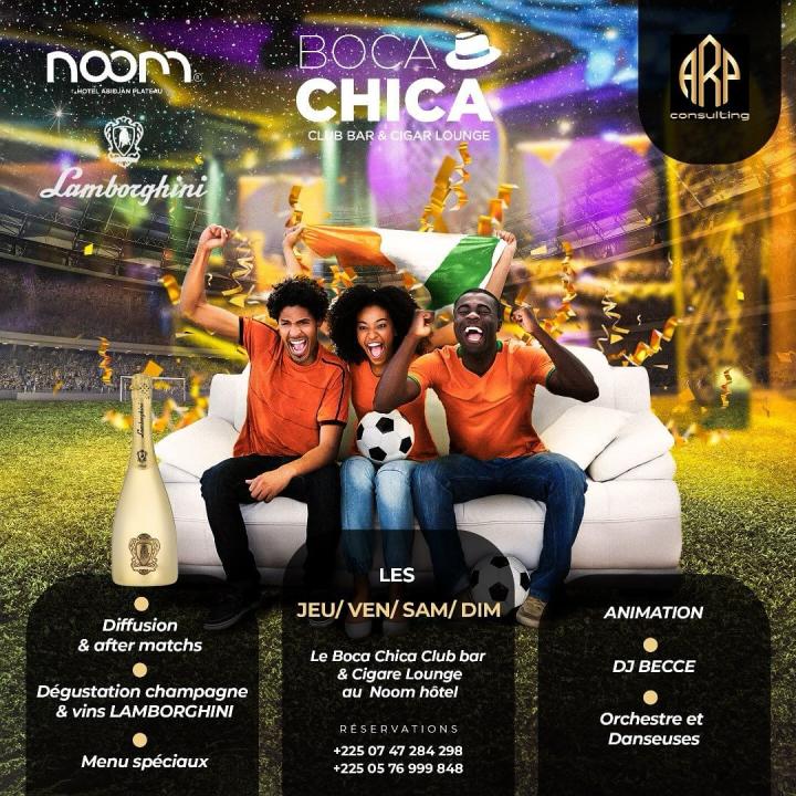 Image de Événements/Sorties. Ce soir, une soirée spéciale se tiendra au Boca Chica, le Club Bar et Cigar Lounge du Noom Hôtel, un rendez-vous que les fans de football et les amateurs de bonne ambiance ne voudront pas manquer. La célèbre Aurelie Eliam sera présente pour animer cette soirée exceptionnelle, coïncidant avec le match très attendu entre la Côte d’Ivoire et le Sénégal. L'événement promet d'être un mélange palpitant de sport, de musique et de gastronomie. Au cœur de l'expérience, il y aura la diffusion en direct du match, offrant aux supporters une chance de vivre les moments intenses et passionnants du jeu dans une atmosphère électrique et conviviale. Aurelie Eliam, reconnue pour son charisme et son amour pour le sport, apportera sa touche personnelle à la soirée, en partageant avec les invités sa passion pour le football et en soutenant l'équipe nationale. En plus de l'excitation du match, les invités pourront savourer les délicieux champagnes d'une marque renommée, promettant une expérience gustative raffinée. Le Boca Chica, connu pour son cadre élégant et son ambiance chaleureuse, sera l'endroit parfait pour se détendre, se rencontrer et célébrer, peu importe le résultat du match. La soirée sera également animée par DJ BECCE, un artiste talentueux connu pour sa capacité à créer une atmosphère vibrante et entraînante. Ses sets, combinant des rythmes modernes et des mélodies captivantes, garantiront que l'ambiance reste au sommet tout au long de la soirée. Pour ajouter une touche de glamour et d'élégance, un orchestre et des danseuses seront également de la partie, offrant un spectacle visuel et musical qui promet d’enrichir l'expérience. Cet événement est donc une opportunité à ne pas manquer pour les fans de football et pour ceux qui cherchent à passer une soirée mémorable dans une ambiance festive et conviviale. Venez rejoindre Aurelie Eliam et d'autres passionnés pour soutenir l'équipe de Côte d'Ivoire dans un cadre exceptionnel, tout en profitant d'une soirée inoubliable.