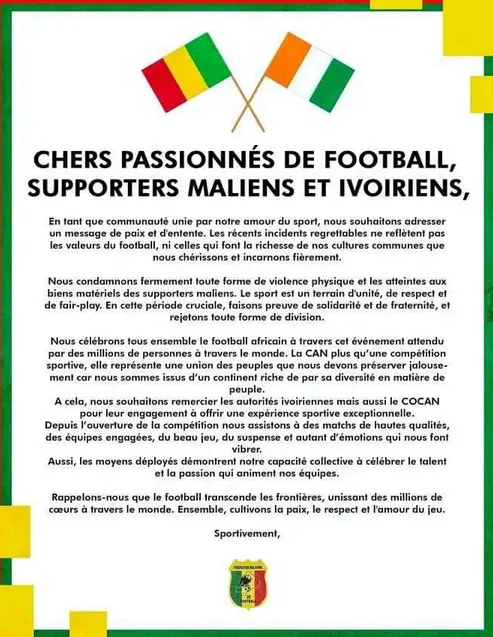 Image de Société. La Coupe d'Afrique des Nations 2023, rebaptisée "CAN de l'Hospitalité", bat son plein en Côte d'Ivoire. Alors que les festivités atteignent leur apogée, le Ministre de l'Intérieur et de la Sécurité, le Général Vagondo Diomandé, a pris des mesures significatives pour garantir le bon déroulement de l'événement. L'un des moments les plus attendus est le match entre les Eléphants de la Côte d'Ivoire et les Aigles du Mali, prévu pour le samedi 03 février au stade de la Paix de Bouaké. Vers un Match Historique Les autorités ivoiriennes et la Fédération Malienne de Football (FEMAFOOT) partagent une vision commune avant ce match historique. Elles appellent à la mise en avant de "l'esprit de fair-play et la communion confraternelle autour du festival du ballon". Campagne de Sensibilisation En réponse à cette volonté de promouvoir le fair-play, le Directeur Général de la Police Nationale, Youssouf Kouyaté, a lancé une campagne de "sensibilisation des populations au Fair-Play". Initiée le 26 janvier 2024, cette campagne vise à préserver la quiétude sociale et à prévenir tout trouble à l'ordre public. L'objectif est clair : offrir au continent africain la plus belle des CAN. Fair-Play, Convivialité, Tolérance : Priorités de la Campagne Ivoirienne Le Directeur Général de la Police Nationale, en collaboration avec le Directeur Général adjoint chargé de la Sécurité Publique, les préfets de police, et les chefs de service des commissariats, a pris des mesures immédiates. L'accent est mis sur l'intensification des activités des Comités Consultatifs d'Ethique, axées sur le fair-play, la convivialité et la tolérance. Ériger la Police en "Sensibilisateur de Proximité" Dans une démarche inédite, la police ivoirienne s'est transformée en "sensibilisateur de proximité". À travers des actions d'information, d'éducation et de communication pour le changement de comportement (IEC-CC), elle œuvre pour créer un environnement apaisé pendant les matchs cruciaux de la CAN. Engagement du Mali pour la Paix à travers le Sport Le Mali, conscient de l'enjeu et de l'importance du fair-play dans le sport, a émis un communiqué de la FEMAFOOT. La Fédération malienne de football appelle sa communauté à s'unir pour le sport et à "faire véhiculer la paix à travers le sport". Elle condamne fermement toute forme de violence, affirmant son engagement en faveur d'une compétition empreinte de fraternité. Match Décisif : Aigles et Eléphants se Confrontent Le stade de la Paix de Bouaké sera le théâtre du face-à-face entre les Aigles et les Eléphants, un moment tant attendu par les passionnés de football en Afrique et au-delà. En cette période de la CAN de l'Hospitalité, la Côte d'Ivoire et le Mali démontrent un engagement sans faille en faveur de l'esprit sportif, du fair-play, de la convivialité et de la tolérance. Les initiatives prises par le Ministre de l'Intérieur ivoirien, le Général Vagondo Diomandé, ainsi que la FEMAFOOT et les autorités maliennes, témoignent de l'importance accordée à la promotion de ces valeurs fondamentales. Le match du 03 février devient ainsi bien plus qu'une compétition sportive, mais une célébration de l'unité, de la paix, et de la grandeur du football africain.