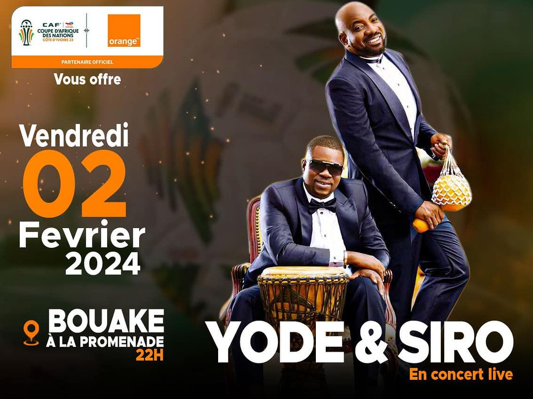 Image de Événements/Sorties. Ce vendredi 02 février 2024, l'effervescence musicale s'empare de Bouaké avec le concert live tant attendu de Yode et Siro, le célèbre duo de zouglou ivoirien. Originaire d'Abidjan et formé en 1996, le groupe Yodé & Siro, composé de deux membres charismatiques, promet une soirée inoubliable à la Promenade, débutant à 22h. La Promenade : Un Cadre Idéal pour le Concert Live Les mélodies entraînantes du zouglou, empreintes d'énergie et de messages engageants, seront au cœur de cet événement exceptionnel. Avec une carrière jalonnée de succès, Yode et Siro captiveront le public bouakéen, offrant une performance en live qui résonnera au-delà des frontières. Rétrospective sur une Carrière Couronnée de Succès Ce concert est bien plus qu'une simple représentation musicale, c'est un rendez-vous avec l'authenticité du zouglou, une musique qui transcende les générations en Côte d'Ivoire. La Promenade se transformera en une scène vibrante où la passion et le rythme fusionnent pour créer une expérience unique. Ne manquez pas cette soirée sous le signe de la musique et de la convivialité, où Yode et Siro promettent de faire battre le cœur de Bouaké au rythme enjoué du zouglou.