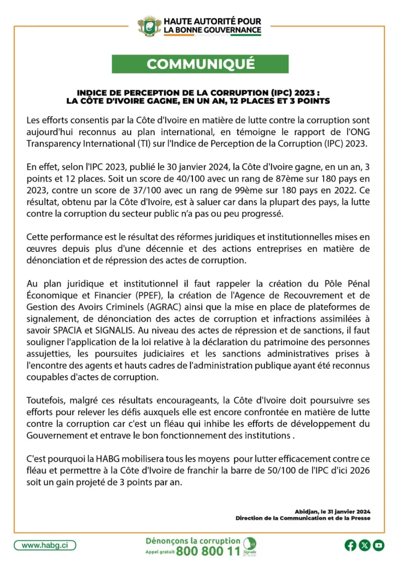 Image de Société. Le dernier rapport de Transparency International a apporté des nouvelles encourageantes pour la Côte d'Ivoire en matière de lutte contre la corruption. Avec une avancée significative de 3 points, le pays a grimpé de 12 places dans le classement mondial. Cette victoire reflète les efforts soutenus du gouvernement ivoirien, mettant en lumière les stratégies efficaces mises en place pour éradiquer ce fléau. Le Contexte Mondial et les Enjeux de la Lutte Anti-Corruption Dans un monde où la corruption persiste comme un défi majeur, le rapport de Transparency International souligne la difficulté générale dans la progression de la lutte contre la corruption. En Afrique subsaharienne, la corruption continue de détourner les ressources destinées aux services publics, entravant le développement socio-économique. Cependant, le rapport ne se contente pas de constater les problèmes, il offre également des pistes pour renforcer les dispositifs anti-corruption existants. Le plaidoyer émerge comme un outil clé dans cette lutte, capable d'informer, d'éduquer et de sensibiliser pour provoquer un changement de comportement. La justice, en tant que moyen de condamner les auteurs de pratiques pénalement répréhensibles, est également soulignée comme un pilier essentiel. En Côte d'Ivoire, la Haute autorité pour la bonne gouvernance (HABG) s'engage avec délicatesse et rigueur dans cette mission cruciale, travaillant avec les collectivités, élus, fonctionnaires territoriaux, et dirigeants d'entreprises pour promouvoir la déontologie et l'éthique. Les Résultats Concrets en Côte d'Ivoire Le rapport de Transparency International met en lumière des améliorations notables dans l'Indice de Perception de la Corruption (IPC) 2023, plaçant la Côte d'Ivoire aux côtés de nations telles que les Seychelles et l'Angola. Cela témoigne des initiatives proactives du gouvernement ivoirien, qui a rapidement mis en place une législation robuste et des institutions dédiées à la répression de la corruption. Le leadership du Président Alassane Ouattara, qui a fait de la lutte contre la corruption une priorité absolue, a donné un élan significatif à ces efforts. En conférant à la Haute autorité pour la bonne gouvernance le pouvoir d'agir sans entraves, le gouvernement a manifesté sa détermination à éradiquer la corruption à tous les niveaux. Perspectives d'Avenir et Défis Persistants Bien que ces progrès soient prometteurs, des défis subsistent. La question de l'implication de chaque individu dans la lutte contre la corruption reste centrale. Les efforts du gouvernement doivent être complétés par une conscientisation à tous les niveaux de la société, favorisant une culture de responsabilité et d'éthique. En conclusion, la Côte d'Ivoire a indéniablement accompli des avancées significatives dans la lutte contre la corruption. Cependant, le chemin à parcourir est encore long. La question cruciale qui se pose maintenant est : Comment garantir une participation collective continue et durable pour maintenir et renforcer ces progrès ? Une interrogation qui façonne l'avenir de la Côte d'Ivoire dans la quête contre la corruption.