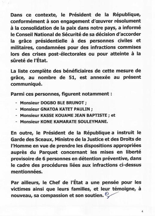 Quatrième Image de Politique. Le 22 février 2024, le président Alassane Ouattara a pris une décision historique en accordant la grâce présidentielle à 51 prisonniers, dont plusieurs étaient impliqués dans les crises post-électorales et des atteintes à la sûreté de l'État. Cette mesure, annoncée après la réunion du Conseil national de sécurité (CNS), vise à consolider la paix dans le pays, marqué par des périodes tumultueuses, notamment lors des crises post-électorales. Les motivations derrière la grâce présidentielle La justification de cette décision émane directement du président lui-même, soulignant son engagement envers la consolidation de la paix en Côte d'Ivoire. Fidèle Sarassoro, directeur de cabinet du président, a mis en lumière le désir de favoriser la réconciliation nationale et de tourner la page sur les événements douloureux du passé. Cette mesure humanitaire s'inscrit dans une volonté politique de désamorcer les tensions et de construire un avenir plus serein pour le pays. Parmi les 51 personnes bénéficiaires de cette grâce présidentielle, on retrouve des figures notables telles que Dogbo Blé Brunot, Gnatoa Katet Paulin, Kipre Yagba, Soul to Soul, et bien d'autres. Certains de ces individus ont joué un rôle majeur dans les événements des crises post-électorales, marquant ainsi une diversité d'acteurs impliqués dans les troubles politiques passés. Les enjeux de la réconciliation nationale Cette décision présidentielle soulève des questions cruciales concernant les enjeux de la réconciliation nationale en Côte d'Ivoire. Alors que le pays tente de panser les plaies du passé, les défis et les perspectives pour une coexistence pacifique se dessinent. Les experts et les observateurs politiques se demandent si cette mesure audacieuse contribuera véritablement à apaiser les tensions et à créer les conditions nécessaires pour une stabilité durable. Au-delà des noms, chaque individu gracié a son propre parcours et son implication spécifique dans les événements passés. Explorer ces destins individuels offre une perspective plus nuancée sur la portée de la grâce présidentielle et sur les différentes dimensions des crises post-électorales. Les récits personnels de ces acteurs politiques soulignent l'importance de comprendre les motivations individuelles derrière les actions collectives. Comme toute décision politique majeure, la grâce présidentielle d'Alassane Ouattara n'échappe pas aux critiques. Certains estiment que cette mesure pourrait affaiblir le principe de justice, tandis que d'autres la considèrent comme un geste audacieux en faveur de la réconciliation. Les voix divergentes au sein de la société ivoirienne soulignent la complexité des enjeux liés à cette décision. Les perspectives d'avenir Au-delà de l'immédiateté de cette grâce présidentielle, les perspectives d'avenir pour la Côte d'Ivoire se dessinent. Les défis liés à la consolidation de la paix, à la construction d'institutions stables et à la promotion d'une culture politique inclusive restent des priorités. La question cruciale qui se pose maintenant est de savoir si cette mesure marquera le début d'une ère de stabilité et de prospérité pour le pays. En concluant cet article, une question ouverte s'impose : la grâce présidentielle accordée par Alassane Ouattara sera-t-elle le catalyseur d'une réconciliation nationale durable en Côte d'Ivoire, ou bien suscitera-t-elle de nouvelles interrogations sur la voie à suivre ? Seul le temps pourra répondre à cette question complexe, mais l'impact de cette décision restera sans aucun doute au cœur des débats et des réflexions sur l'avenir politique du pays.