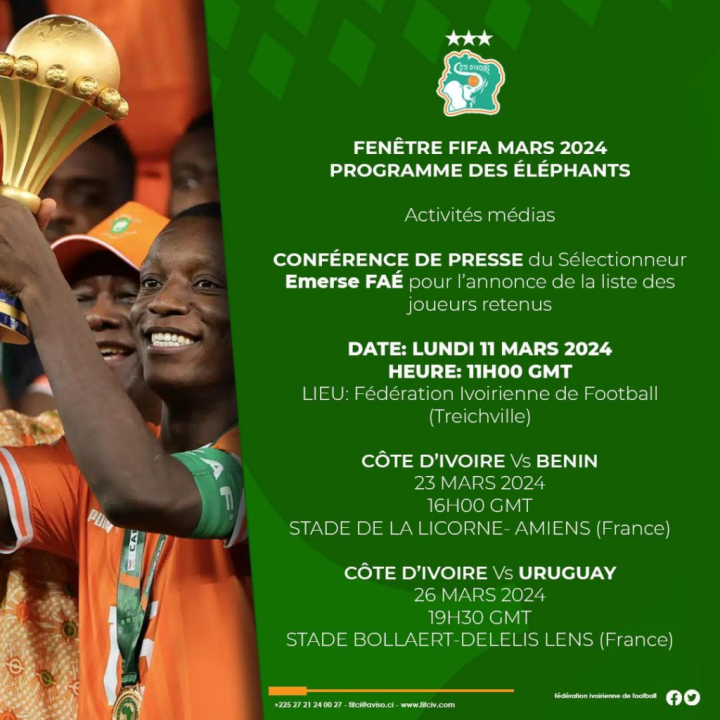 Image de Football. Après leur glorieuse victoire à la Coupe d'Afrique des Nations 2023, les Éléphants de Côte d’Ivoire sont de retour sur la scène internationale avec une série de matchs amicaux programmés pour la trêve internationale de mars. Sous la houlette du coach Emerse Faé, l'équipe nationale ivoirienne se prépare à consolider son statut de championne en titre du continent africain, à travers des confrontations déterminantes face aux Guépards du Bénin et à l'équipe redoutable de l'Uruguay. Confirmation du calendrier des rencontres Les aficionados du football ivoirien et les passionnés du ballon rond à travers le monde ont désormais les dates marquées sur leurs agendas. Le premier match amical opposant les Éléphants aux Guépards du Bénin se tiendra le samedi 23 mars, à Amiens en France, au célèbre stade de la Licorne. Le coup d'envoi est prévu pour 16 heures GMT. Trois jours plus tard, le 26 mars, l'équipe ivoirienne se mesurera à un adversaire de taille, l'Uruguay, toujours sur le sol français, mais cette fois-ci au stade Bollaert-Delelis de Lens. Le coup d'envoi de cette rencontre est programmé à 19 heures 30 GMT. Un rendez-vous pour l'histoire La dernière confrontation entre la Côte d’Ivoire et le Bénin s'était conclue par une défaite décevante pour les Éléphants, avec un score final de 2-1 en faveur des ex-Écureuils. Cependant, cette défaite, bien que difficile à digérer, a été une source de motivation supplémentaire pour l'équipe ivoirienne. Elle représente une opportunité inestimable de redorer leur blason et de prouver leur suprématie sur la scène africaine. Ces matchs amicaux revêtent une importance cruciale pour les Éléphants de Côte d’Ivoire. Au-delà des résultats bruts, ces rencontres serviront de véritable test de la force et de la cohésion de l'équipe. Le coach Emerse Faé et son staff auront l'occasion de peaufiner leurs stratégies et de tester de nouveaux schémas tactiques. Pour les joueurs, c'est une opportunité de se montrer à la hauteur des attentes et de consolider leur place au sein de l'équipe nationale. Une interrogation persiste : vers quel horizon se dirigent les Éléphants ? Alors que la date des matchs amicaux est désormais établie et que les fans se préparent à soutenir leur équipe avec ferveur, une question demeure en suspens : quel sera le destin des Éléphants de Côte d’Ivoire dans cette nouvelle ère post-CAN ? La réponse ne se trouvera pas seulement sur le terrain, mais également dans la détermination et la volonté affichées par cette équipe à perpétuer son héritage de succès. À mesure que les jours s'écoulent et que l'heure des matchs approche, une seule certitude demeure : le monde du football retiendra son souffle en attendant de voir ces géants du continent africain écrire le prochain chapitre de leur histoire.