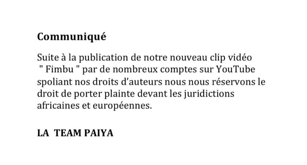 Image de Musique/Radio. Depuis la sortie de leur dernier single, "Fimbu", accompagné de son clip sur YouTube, la Team Paiya, figure emblématique de la scène musicale ivoirienne, se trouve confrontée à un problème de taille : le boycott orchestré par certains individus sur la toile. Cette situation a déclenché une vive réaction au sein du groupe, qui envisage désormais de saisir les tribunaux pour faire valoir ses droits. Un Parcours Musical Éclatant Faisant vibrer les cœurs des mélomanes ivoiriens, la Team Paiya, menée par des artistes talentueux tels que Zagba le Requin, Kommander Samo samo, Doupi Papillon, Noukou Loba, Momo Hayek, Toumalewé, et l'artiste Ste Milano, a su s'imposer sur la scène musicale grâce à son style urbain branché, le "Maïmouna". Leur ascension fulgurante a été marquée par des titres à succès tels que "Allume la télé", en collaboration avec Didi B, ou encore "Tchébaba", qui ont su conquérir un large public, tant chez les jeunes que chez les adultes. L'Affront du Boycott Cependant, leur dernier morceau, "Fimbu", a été l'objet d'un boycott sournois de la part de certains individus malintentionnés. Dès sa sortie, des personnes peu scrupuleuses se sont empressées de le télécharger et de le reposté sur des comptes YouTube frauduleux, semant ainsi la confusion parmi les fans de la Team Paiya. Face à cette situation, Kommander Samo Samo, l'un des leaders du groupe, n'a pas tardé à réagir. Sur sa page Facebook, il exprime son indignation et dénonce fermement cette attitude, qualifiant le boycott de leur titre d'injuste et malveillant. Il lance un avertissement clair à ceux qui se livrent à de telles pratiques, annonçant des actions en justice imminentes. Vers une Action Légale Déterminée Déterminée à défendre ses droits, la Team Paiya a pris la décision de recourir à la justice pour mettre un terme à cette exploitation illégale de leur œuvre musicale. Dans un communiqué officiel, le groupe annonce son intention de porter plainte devant les juridictions africaines et européennes contre tous ceux qui se rendent coupables de violation de leurs droits d'auteur sur la toile. Au-delà de l'aspect juridique, cette affaire soulève des questions fondamentales sur l'éthique et le respect du travail artistique. En effet, le phénomène du piratage et du repostage abusif prive les artistes de leur légitime rémunération et porte atteinte à leur créativité et à leur motivation. Dans un monde de plus en plus numérique où la diffusion en ligne est devenue monnaie courante, il est impératif de sensibiliser le public à l'importance du respect des droits d'auteur et de soutenir les artistes dans leur lutte contre le piratage et la contrefaçon. En définitive, l'affaire du boycott du clip "Fimbu" de la Team Paiya met en lumière les défis auxquels sont confrontés les artistes dans un environnement numérique en constante évolution. En saisissant les tribunaux, le groupe envoie un message fort : celui de la défense de l'intégrité artistique et de la protection des droits d'auteur. Il revient désormais aux autorités compétentes, ainsi qu'au public, de prendre conscience de l'importance de soutenir les artistes et de promouvoir une culture du respect et de la légalité dans le domaine de la musique en ligne. La question qui se pose alors est la suivante : comment pouvons-nous, en tant que société, encourager un changement de mentalité et promouvoir une consommation responsable de la musique sur Internet ?