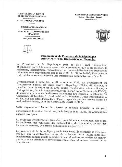 Image de Faits Divers. Dans un retentissant coup de filet, le lieutenant N.O.D., membre éminent du Centre de renseignement opérationnel antiterroriste (Croat) des Forces armées de Côte d'Ivoire (Faci), a été appréhendé et placé en détention au Pôle pénitentiaire d'Abidjan (Paa) le 1er mars 2024. Cette arrestation, orchestrée par le pôle économique, fait suite à des accusations sérieuses, notamment des séquestrations, des rackets et des extorsions de fonds à l'encontre d'opérateurs économiques, ainsi qu'une présumée implication dans un réseau de trafic de bois susceptible de compromettre la sécurité de l'État. Un Réseau de Trafiquants d'Orpaillage Mis au Jour L'affaire prend une dimension encore plus grave avec les révélations sur l'implication du lieutenant N.O.D. dans un réseau étendu de trafiquants d'orpaillage, alimentant ainsi les désastres environnementaux et les conflits intercommunautaires qui ravagent le pays. Cette découverte s'inscrit dans le cadre d'une opération de grande envergure visant à démanteler cette organisation criminelle complexe. Dans le sillage de ce démantèlement, Z.D.C.P., un ancien député, a également été appréhendé pour son rôle présumé dans un trafic de 20 kg d'or acquis illégalement. Selon les sources, l'ancien parlementaire aurait réussi à faire sortir cette précieuse marchandise du territoire national, avant d'être intercepté par les autorités à son retour. Des allégations graves pèsent également sur lui, notamment celle d'avoir exploité des travailleurs asiatiques sous de faux prétextes gouvernementaux, avec la complicité supposée d'acteurs internes, y compris le Commissaire B.A.O. Des Tensions Croissantes dans le Contexte de l'Orpaillage Illégal Ces arrestations interviennent dans un contexte où l'orpaillage illégal atteint des proportions alarmantes en Côte d'Ivoire, engendrant des troubles environnementaux majeurs et des tensions au sein des communautés locales. Selon les données fournies par la brigade de répression des infractions au Code minier (BRICM), relevant du ministère ivoirien des Mines, du Pétrole et de l'Énergie, pas moins de 501 individus ont été appréhendés et une somme considérable de 807 904 865 FCFA a été saisie au cours de l'année 2023. Ces opérations font partie des efforts soutenus du gouvernement ivoirien, appuyé par le Groupement spécial de lutte contre l'orpaillage illégal (GSLOI), visant à endiguer le fléau de l'orpaillage illégal dans le pays. Cependant, malgré ces actions répressives, les défis restent nombreux et la question demeure : quelles stratégies supplémentaires peuvent être mises en œuvre pour éradiquer efficacement le trafic d'orpaillage illégal et restaurer la sécurité et la stabilité dans les régions touchées?