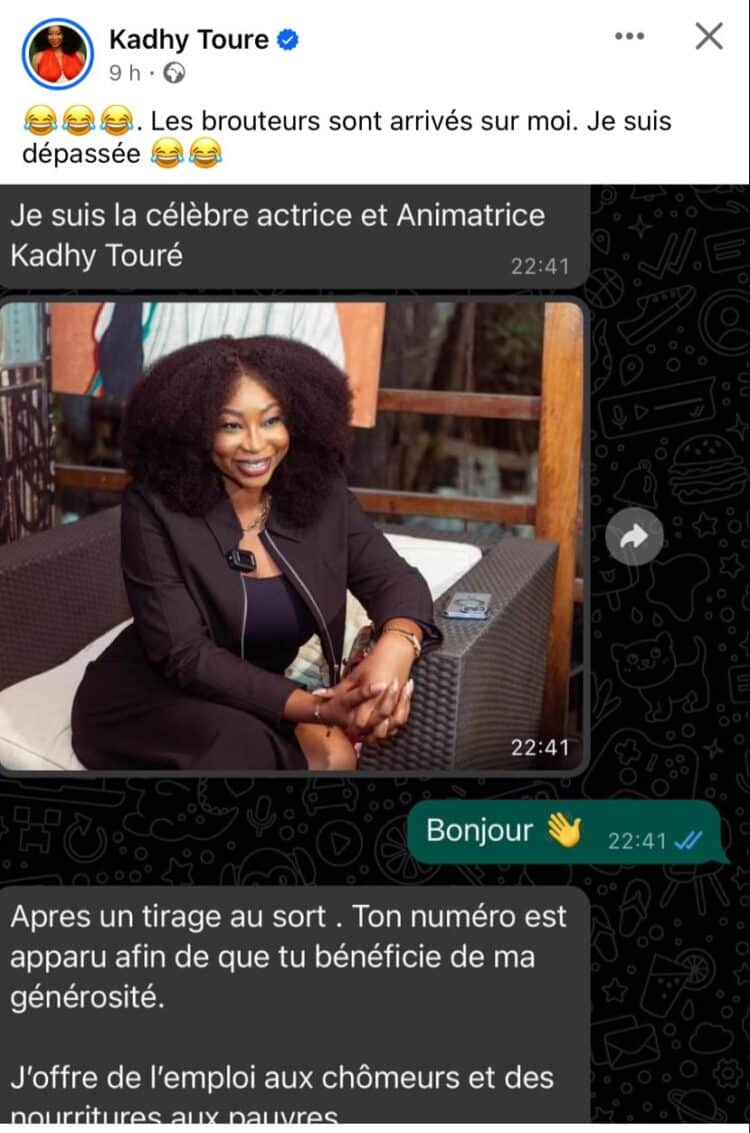 Image de Célébrités. Dans le monde numérique d'aujourd'hui, même les célébrités ne sont pas à l'abri des arnaques en ligne. L'actrice et présentatrice télé ivoirienne, Kadhy Touré, en a récemment fait l'amère expérience lorsqu'elle est tombée dans le piège d'un brouteur. Cette affaire met en lumière les dangers croissants de la cybercriminalité, qui touchent désormais même les figures médiatiques les plus en vue. L'Usurpation d'Identité : Un Stratagème Sophistiqué L'histoire de Kadhy Touré n'est malheureusement pas un cas isolé. De nombreux individus malintentionnés profitent de la notoriété des personnalités publiques pour mener à bien leurs escroqueries en ligne. Dans le cas de Kadhy Touré, le brouteur a utilisé son identité pour tenter d'arnaquer ses fans en leur proposant de fausses opportunités d'emploi ou d'aide financière. Ce phénomène n'est pas nouveau, et il frappe également d'autres célébrités africaines, comme l'illustre le récent cas de Simon Adingra, un joueur de football ivoirien. Lui aussi a été victime d'un brouteur qui a créé un faux compte en son nom, promettant une assistance financière en échange d'une somme d'argent. Ces tactiques sophistiquées montrent à quel point les cybercriminels peuvent être ingénieux dans leurs stratégies d'escroquerie en ligne. La Vigilance comme Meilleure Arme Contre la Cybercriminalité Face à cette menace grandissante, la vigilance devient plus que jamais essentielle. Les personnalités publiques, tout comme le grand public, doivent rester constamment sur leurs gardes et prendre des mesures pour se protéger contre les escroqueries en ligne. Dans le cas de Kadhy Touré, c'est grâce à l'alerte d'un internaute vigilant qu'elle a pu prendre conscience de la situation et avertir ses fans. Au-delà des conséquences financières potentielles, ces attaques en ligne peuvent également avoir un impact psychologique profond sur les victimes. Se retrouver confronté à une usurpation d'identité et à des accusations fallacieuses peut être extrêmement stressant et bouleversant pour les personnes concernées. Dans le cas de Kadhy Touré, ses propres mots reflètent la détresse et l'impuissance ressenties face à cette situation : "Les brouteurs sont arrivés sur moi. Je suis dépassée." Alors que les cas d'usurpation d'identité et d'escroquerie en ligne continuent de se multiplier, il est essentiel d'explorer des moyens plus efficaces de lutter contre la cybercriminalité. Quelles stratégies peuvent être mises en place pour mieux protéger les individus contre ces attaques ? Comment les plateformes numériques peuvent-elles renforcer leurs mesures de sécurité pour prévenir ces types d'abus ? La lutte contre la cybercriminalité nécessite une action concertée à la fois des autorités, des entreprises et des utilisateurs eux-mêmes.