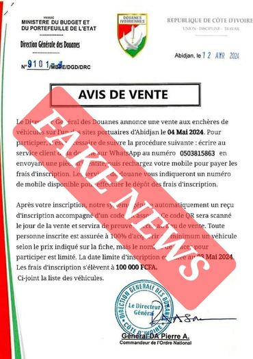 Image de Faits Divers. La vigilance demeure le maître mot pour la Direction Générale des Douanes de Côte d'Ivoire, qui a récemment mis en lumière une tentative d'arnaque impliquant une prétendue vente aux enchères de véhicules, prévue pour le 4 mai 2024 sur un site portuaire à Abidjan. Une nouvelle tentative déjouée Sous l'intitulé trompeur "Avis de vente", un document circulait largement sur diverses plateformes numériques, annonçant cet événement fictif. Daté du 12 avril 2024 et arborant la signature du haut responsable douanier, ce faux document invitait les personnes intéressées à contacter un soi-disant "service client de la Douane" via l'application de messagerie WhatsApp. Les conditions de participation semblaient crédibles à première vue : fournir une pièce d'identité via WhatsApp et s'acquitter de frais d'inscription de 100 000 FCFA. En échange, les participants se voyaient promettre l'accès à une liste alléchante de véhicules à vendre, comprenant près de 200 unités à des prix variant entre 2 800 000 et 6 000 000 FCFA. Réaction prompte de la Douane Fort heureusement, la Douane a rapidement réagi pour démentir cette annonce et alerter le public sur la supercherie. Sur leur profil officiel Facebook, les Douanes Ivoiriennes ont clairement indiqué que « l'avis de vente n° 9101 diffusé sur les réseaux sociaux est un faux ». Soulignant que « l’usage de l’application WhatsApp ne constitue pas un mode opératoire en Douane », l'organisme gouvernemental a ainsi coupé court aux tentatives d'escroquerie. Cette mésaventure n'est pas une première : en août 2023, des circonstances similaires avaient déjà incité la Douane ivoirienne à prendre des mesures pour sensibiliser le public et prévenir de telles tentatives frauduleuses. L'utilisation de WhatsApp comme moyen de communication pour des transactions douanières avait déjà été clairement dénoncée comme non conforme aux pratiques de l'institution. Cadre réglementaire des ventes aux enchères Il est important de souligner que la réglementation en vigueur concernant les ventes aux enchères menées par la Douane ivoirienne est stricte et précise. Conformément à la circulaire N°1204 du 2 mars 2004 et au décret n°90-371 du 23 mai 1990, seules certaines catégories de marchandises sont susceptibles d'être vendues aux enchères publiques. Les marchandises concernées sont principalement celles en dépôt non réclamées dans les délais légaux, celles abandonnées en Douane, ou encore celles confisquées. Le délai légal pour les marchandises en dépôt est de deux mois pour celles transportées par voie maritime ou terrestre, et d'un mois pour celles transportées par voie aérienne. Cette réglementation vise à garantir la transparence et l'intégrité des ventes aux enchères menées par l'Administration des Douanes, ainsi qu'à protéger les citoyens contre les pratiques frauduleuses. La nécessité d'une vigilance constante Cette récente tentative d'arnaque souligne l'importance cruciale de rester vigilant face aux escroqueries en ligne, notamment dans le domaine des transactions douanières. Malgré les efforts des autorités pour sensibiliser le public et prévenir de telles fraudes, les escrocs continuent d'innover et de chercher de nouvelles façons de duper les citoyens. Il est donc impératif que chacun demeure informé et critique vis-à-vis des offres trop alléchantes ou des communications suspectes, afin de ne pas tomber dans le piège de ces arnaqueurs. La collaboration entre les autorités et la population est essentielle pour faire barrage aux tentatives d'escroquerie et assurer un environnement sécurisé pour tous. En définitive, cette récente alerte nous amène à nous interroger sur les mesures supplémentaires à mettre en place pour renforcer la sécurité des transactions en ligne et prévenir les arnaques. Quelles actions les autorités et les acteurs concernés pourraient-ils entreprendre pour mieux protéger les citoyens contre ces pratiques frauduleuses ?"La douane ivoirienne contrecarre une fraude majeure lors d'enchères de véhicules"