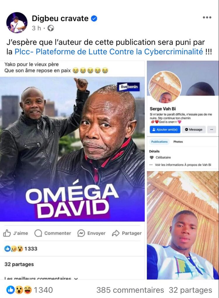 Image de Célébrités. Une vague d'émoi et de consternation a secoué la toile ivoirienne récemment, suite à la diffusion d'une fausse information annonçant le décès du célèbre comédien Oméga David. L'annonce, relayée par un internaute sur la page Facebook "Fans club Bonaza", a instantanément déclenché une cascade de réactions émotionnelles parmi les acteurs, les téléspectateurs et les internautes en général. Une tragique méprise La fausse nouvelle, publiée à 14 h 45 par un certain Serge Vah Bi, a pris une ampleur inattendue, suscitant des témoignages de sympathie et de tristesse pour la prétendue perte du talentueux comédien Oméga David. Pourtant, il est rapidement apparu que cette information était infondée, jetant le trouble sur les motivations derrière cette annonce funeste. Face à cette tromperie de mauvais goût, Digbeu Cravate, autre figure emblématique de la scène comique de la Côte d'Ivoire, a exprimé son indignation sur sa propre page Facebook. "J’espère que l’auteur de cette publication sera puni par la PLCC", a-t-il déclaré, appelant ainsi à des mesures sévères contre la propagation de fausses informations qui perturbent l'ordre public et affectent la réputation des personnalités publiques. Une mise au point nécessaire Oméga David lui-même a réagi avec fermeté, dénonçant le comportement irresponsable de l'auteur de la publication mensongère. Dans un message sur sa page officielle, il a déclaré : "Ce jeune homme s’amuse à diffuser une information sur ma personne pour exister sur la toile… je tiens à informer l’opinion publique que des mesures seront prises face à ce genre de comportement je vais super bien !! De ce pas la Plcc- Plateforme de Lutte Contre la Cybercriminalité s’en occupera". Cette controverse soulève des questions cruciales sur la fiabilité des informations circulant sur les réseaux sociaux et la responsabilité individuelle dans la diffusion de ces informations. Dans un monde où les fake news peuvent avoir des conséquences graves, il est essentiel de rappeler l'importance de la vérification des faits avant de partager ou de réagir à une information, et de prendre des mesures fermes contre ceux qui en abusent. En fin de compte, cette affaire incite à réfléchir sur la manière dont nous consommons et contribuons à l'écosystème d'information en ligne, et soulève la question cruciale : comment pouvons-nous garantir l'intégrité de l'information dans un monde numérique en constante évolution ?