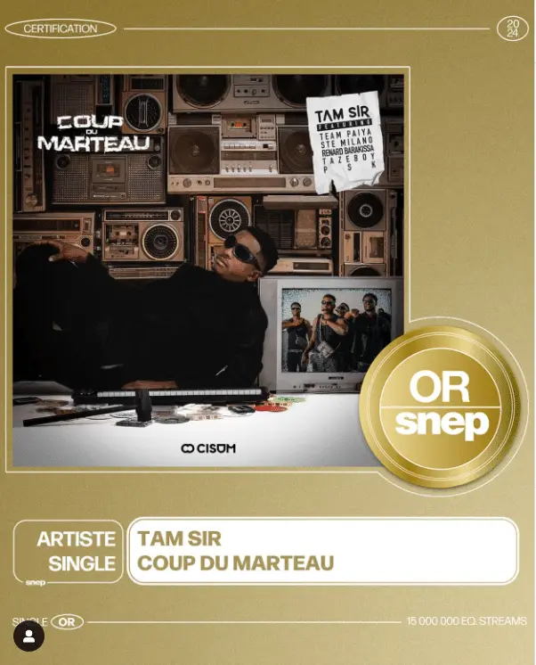 Image de Musique/Radio. Le succès du tube musical de Tamsir, "Coup du Marteau", ne cesse de s'amplifier. Cette fois, il décroche le prestigieux titre de single d'Or attribué par le Syndicat National de l’Edition Phonographique (SNEP) en France. Un Nouveau Jalon dans le Parcours Musical La Team Paiya, composée de Tamsir et ses amis, a de quoi se réjouir. Leur chanson emblématique, "Coup du Marteau", continue de marquer les esprits et de conquérir les cœurs. Le SNEP a récemment annoncé sur son compte Instagram que le titre a été certifié single d'Or, consacrant ainsi le succès incontestable de cette œuvre. Avec plus de 15 millions de streams, "Coup du Marteau" est devenu un phénomène musical tant en Côte d'Ivoire qu'à l'échelle internationale. Cette reconnaissance par le SNEP en France confirme son impact majeur dans l'industrie musicale. Les Félicitations et les Remerciements affluent L'annonce de cette consécration a suscité une vague de félicitations et de messages de soutien. Didi B, un rappeur ivoirien et ami proche de Tamsir, a exprimé sa fierté et ses félicitations sur les réseaux sociaux. De nombreux autres artistes et fans ont également partagé leur joie et leur admiration pour ce succès retentissant. Sur sa page Facebook, Tamsir lui-même a tenu à exprimer sa gratitude envers tous ceux qui ont contribué à ce succès. Il a remercié Dieu, ses collègues de la Team Paiya, ainsi que tous ceux qui ont soutenu et promu "Coup du Marteau". Ce moment de célébration est également l'occasion pour lui de se projeter vers l'avenir, avec l'espoir que cette reconnaissance soit le prélude à de nombreuses autres réussites pour les artistes ivoiriens et francophones. Une Motivation Renouvelée avant le Concert au Casino de Paris Cette nouvelle distinction arrive à point nommé pour Tamsir et ses comparses, alors qu'ils se préparent pour leur concert très attendu au Casino de Paris le dimanche 5 mai prochain. C'est un encouragement supplémentaire pour eux, renforçant leur détermination à offrir un spectacle mémorable à leur public. Pour Tamsir, cette certification en tant que single d'Or représente un nouveau jalon dans sa carrière déjà impressionnante. Il rappelle que "Coup du Marteau" a déjà été honoré avec un disque d'Or et un trophée YouTube Creator Awards en Argent il y a un mois, démontrant ainsi la constance de son succès et son impact durable dans l'industrie musicale. Alors que Tamsir continue de tracer son chemin vers le sommet de l'industrie musicale, on ne peut s'empêcher de se demander : quel sera son prochain coup d'éclat ? Quelles seront les prochaines étapes de sa carrière ? Et surtout, comment ce succès contribuera-t-il à l'évolution de la musique africaine sur la scène internationale ? Ces questions restent ouvertes, mais une chose est sûre : Tamsir et la Team Paiya sont déterminés à écrire l'avenir de la musique africaine, une chanson à la fois.