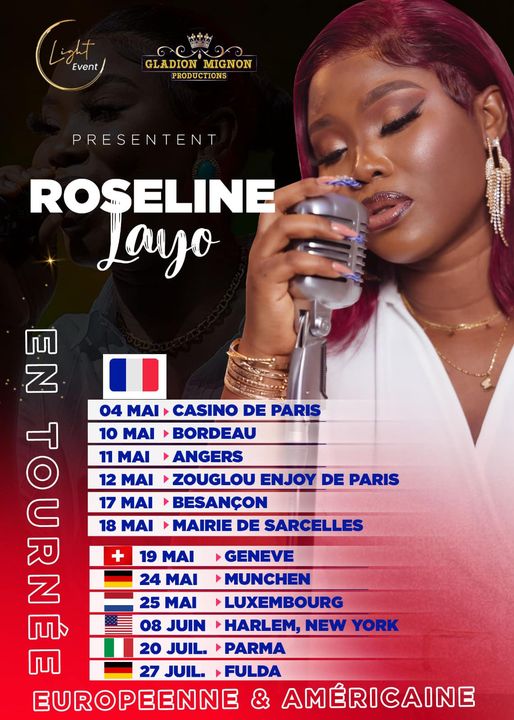 Image de Musique/Radio. Après avoir enflammé la scène du Casino de Paris avec son talent et son charisme, la chanteuse ivoirienne Roseline Layo se lance dans une aventure mondiale excitante. Avec sa voix envoûtante et ses chansons emblématiques telles que “Amour Kôyô Kôyô” et “Elotognan”, Roseline Layo a su captiver le cœur du public. Désormais, elle s'apprête à conquérir de nouveaux horizons avec une tournée européenne et américaine qui promet d'être un voyage musical mémorable. Une Tournée Éclectique à Travers le Globe La tournée de Roseline Layo débutera le 10 mai 2024 à Bordeaux, en France, pour ensuite traverser plusieurs villes européennes telles qu'Angers, Paris, Besançon, Sarcelles, Genève, Luxembourg et Munich. Après cette série de concerts en Europe, elle prendra son envol pour les États-Unis, avec une escale à New York, avant de conclure son périple avec des spectacles en Italie et en Allemagne. Cette tournée offre à Roseline Layo l'opportunité unique de partager son art avec ses fans du monde entier, créant ainsi des souvenirs inoubliables et des moments de pure émotion. Impatiente de retrouver ses admirateurs, Roseline Layo exprime son enthousiasme : “Je suis tellement heureuse de pouvoir enfin partir en tournée et rencontrer mes fans en Europe et en Amérique. J’ai hâte de partager ma musique avec vous et de passer des moments extraordinaires ensemble.” Son énergie contagieuse et sa passion pour la musique promettent des concerts inoubliables, où l'émotion et la joie se mêleront dans une atmosphère magique. Réservations Disponibles dès Maintenant Pour ceux qui souhaitent vivre l'expérience Roseline Layo en live, les réservations sont ouvertes dès maintenant. Pour réserver vos billets, veuillez contacter Gladion Le Mignon Prod au +33 6 03 81 74 97. Cette tournée est une occasion unique de plonger dans l'univers envoûtant de cette artiste exceptionnelle et de partager des moments de pure émotion avec Roseline Layo et ses fans du monde entier. Ne manquez pas cette opportunité exceptionnelle de rejoindre Roseline Layo lors de sa tournée européenne et américaine. Avec sa voix captivante et son charisme indéniable, elle promet des soirées inoubliables et des performances musicales à couper le souffle. Que vous soyez un fan de longue date ou un nouvel admirateur, cette tournée est l'occasion parfaite de vivre la magie de la musique live et de créer des souvenirs durables avec l'une des voix les plus vibrantes de la scène musicale contemporaine. Quelles sont vos attentes et vos espoirs pour la tournée de Roseline Layo ?