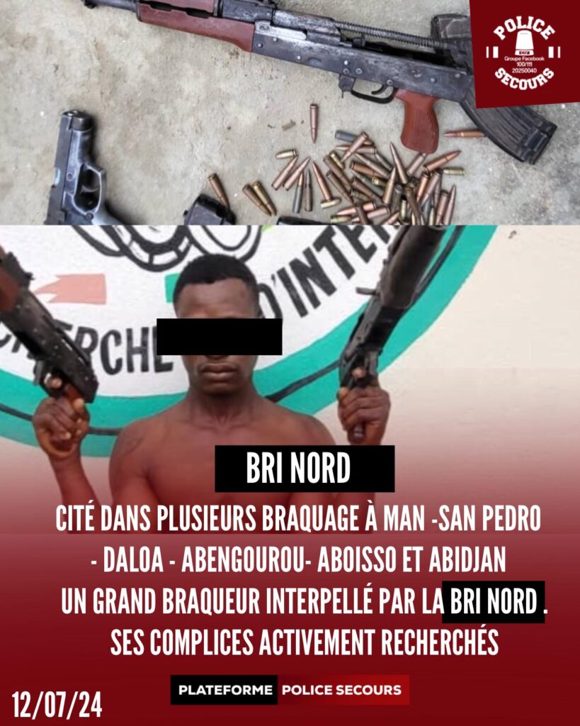 Image de Faits Divers. Après plusieurs mois de recherche intensive, la Brigade de recherche et d’intervention (BRI) a finalement mis fin à la cavale de M.B.T.A, mieux connu sous le nom de Zandro, un des criminels les plus redoutés de Côte d’Ivoire. Cette arrestation, survenue le samedi 6 juillet 2024, marque un tournant décisif dans la lutte contre le crime organisé dans la région. La Traque de Zandro Dans une opération minutieusement orchestrée par la section nord de la BRI, Zandro a été interpellé sans incident majeur, mettant fin à une période d'insécurité qui avait grippé la région. Son arrestation est le fruit d'une collaboration étroite entre différentes unités de police, soulignant l'efficacité des méthodes de renseignement et d'intervention adoptées par les forces de l'ordre ivoiriennes. Zandro, de son vrai nom M.B.T.A, s'était illustré par sa participation à de nombreuses attaques à main armée, faisant de lui une cible prioritaire pour les autorités. Sa réputation de malfrat redoutable n'est pas usurpée, comme en témoignent les divers méfaits qui lui sont attribués, notamment le braquage spectaculaire de ressortissants chinois en juin 2024. Suite à son interpellation, Zandro a rapidement fait des aveux complets, reconnaissant son implication dans plusieurs affaires criminelles, y compris le braquage des ressortissants chinois. Il a également identifié plusieurs de ses complices, dont G.B.T.R, déjà en détention, ce qui pourrait conduire à d'autres arrestations dans les jours à venir. La perquisition de son domicile a révélé un arsenal inquiétant : des kalachnikovs AK47, un pistolet automatique, et un nombre considérable de munitions. Cette découverte notoire met en lumière l'ampleur de l'armement en circulation parmi les réseaux criminels et la menace qu'ils représentent pour la sécurité publique. L'Usage des Fonds Criminels Zandro a utilisé les fonds acquis illégalement pour divers investissements. Il a acheté un véhicule de transport et a entamé la construction de deux bâtiments, ce qui indique une tentative de blanchir l'argent du crime. L'acquisition d'une moto Apache s'inscrit également dans ce cadre, illustrant la diversification de ses activités illégales. L'arrestation de Zandro est perçue comme une victoire majeure contre le crime organisé en Côte d'Ivoire. Elle devrait avoir un effet dissuasif sur les activités criminelles, tout en rassurant la population sur la capacité des autorités à maintenir l'ordre public. Malgré ce succès, la question demeure : comment empêcher la récurrence de telles figures criminelles ? La nécessité de renforcer les mesures de sécurité et de surveillance reste cruciale pour éviter une nouvelle montée de la criminalité. La capture de Zandro ouvre un chapitre prometteur dans la lutte contre la criminalité en Côte d'Ivoire. Cependant, elle met également en évidence les défis persistants auxquels le pays doit faire face pour sécuriser pleinement son territoire. Avec la chute de figures criminelles comme Zandro, la Côte d'Ivoire peut-elle espérer une diminution durable du crime organisé, ou d'autres prendront-ils la relève dans ce cycle apparemment sans fin de la criminalité ?