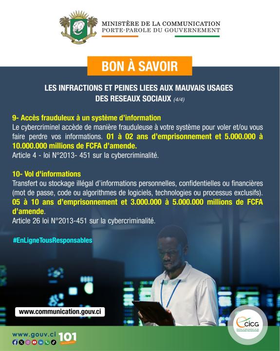 Quatrième Image de Faits Divers. Les réseaux sociaux, tout en offrant des opportunités sans précédent pour la communication et le partage d'informations, sont également devenus des plateformes propices à diverses infractions criminelles. En Côte d'Ivoire, la législation s'est adaptée pour contrer ces abus numériques, mais la réalité sur le terrain montre une complexité croissante dans la lutte contre les mauvais usages des réseaux sociaux. Cet article explore en profondeur les dix infractions les plus courantes liées aux réseaux sociaux en Côte d'Ivoire, les peines associées et les défis de leur application. 1. Chantage à la Vidéo et Sextorsion : Une Menace Numérique Croissante Le chantage à la vidéo, ou sextorsion, est une pratique où des individus utilisent des images ou vidéos intimes pour extorquer de l'argent ou d'autres faveurs. Ce phénomène a pris une ampleur inquiétante dans le contexte ivoirien, poussant les législateurs à réagir. En vertu de l'article 66 nouveau de la loi N°2023-593, les auteurs de sextorsion peuvent se voir infliger des peines de 5 à 20 ans d'emprisonnement, ainsi que des amendes allant de 5 à 20 millions de FCFA. Cette législation vise à dissuader les criminels en renforçant les sanctions et en augmentant les moyens de poursuite. Les victimes, souvent réticentes à signaler ces abus en raison de la stigmatisation, peuvent ainsi bénéficier d'une protection renforcée. Cependant, la mise en œuvre de cette loi pose des défis considérables, notamment en matière de collecte de preuves et de coopération internationale. Les autorités doivent souvent collaborer avec des plateformes étrangères pour obtenir les informations nécessaires à l'identification des coupables, ce qui complique le processus judiciaire. 2. Usurpation d'Identité : Les Pièges du Piratage de Compte L'usurpation d'identité est un crime où un individu pirate le compte en ligne d'une autre personne pour se faire passer pour elle. Cette infraction est sévèrement punie par la loi N°2013-451, article 19 alinéa 1, avec des peines allant de 2 à 5 ans d'emprisonnement et des amendes de 5 à 10 millions de FCFA. L'impact de l'usurpation d'identité peut être dévastateur, entraînant des pertes financières, des atteintes à la réputation et un stress émotionnel important pour les victimes. Les autorités ivoiriennes, conscientes de la gravité de ce problème, ont mis en place des mécanismes de signalement et des procédures accélérées pour traiter ces affaires. Toutefois, la complexité technique des cybercrimes et la rapidité d'évolution des techniques de piratage représentent des défis constants. 3. Fausse Vente : Protéger les Consommateurs en Ligne La fausse vente en ligne, où des individus proposent des produits ou services fictifs pour escroquer de l'argent, est une fraude qui touche de nombreux internautes. Selon l'article 19 alinéa 1 de la loi N°2013-451, cette infraction est punie de 2 à 5 ans d'emprisonnement et d'une amende de 5 à 10 millions de FCFA. Les autorités ivoiriennes ont intensifié leurs efforts pour lutter contre ces escroqueries, avec des campagnes de sensibilisation pour aider les consommateurs à identifier les signes de fraude et à protéger leurs informations personnelles. La collaboration entre les plateformes de commerce en ligne et les forces de l'ordre est cruciale pour détecter et prévenir ces arnaques. 4. Pornographie Infantile : Une Lutte contre l'Exploitation des Mineurs La possession et la diffusion de contenu pornographique impliquant des mineurs est une infraction extrêmement grave, sévèrement punie par l'article 17 nouveau de la loi N°2013-451, modifié par la loi N°2023-593. Les peines varient de 1 à 6 ans d'emprisonnement et d'une amende de 20 à 40 millions de FCFA. La lutte contre la pornographie infantile implique des efforts de prévention, de détection et de répression. Les autorités ivoiriennes collaborent avec des organisations internationales pour traquer les réseaux de diffusion de ce contenu illégal et pour offrir un soutien aux victimes. Cette lutte nécessite une vigilance constante et une coopération internationale pour être efficace. 5. Atteinte à l'Image : Protéger la Réputation en Ligne Diffuser des informations dénigrantes ou diffamatoires qui portent atteinte à l'image d'une personne est une infraction punie par l'article 367 du Code pénal ivoirien et l'article 60 nouveau de la loi N°2023-593. Les peines pour cette infraction varient de 1 à 10 ans d'emprisonnement et une amende de 5 à 10 millions de FCFA. Cette législation vise à protéger les individus contre les atteintes à leur réputation et à leur intégrité. Les défis incluent la difficulté de prouver la diffamation et la nécessité d'équilibrer la liberté d'expression avec le droit à la protection de la réputation. Les affaires de diffamation en ligne nécessitent souvent une analyse minutieuse des preuves et des contextes. 6. Incitations aux Troubles à l'Ordre Public : Maintenir la Paix Sociale Les incitations à la violence ou aux troubles à l'ordre public via les réseaux sociaux sont couvertes par l'article 369 du Code pénal ivoirien. Les peines pour ces infractions vont de 1 mois à 5 ans d'emprisonnement, avec des amendes variant de 1 à 20 millions de FCFA. Les autorités ivoiriennes doivent faire face à la difficulté de surveiller et de réguler les discours en ligne tout en respectant les droits à la liberté d'expression. La prévention des troubles à l'ordre public nécessite une collaboration entre les plateformes de réseaux sociaux et les forces de l'ordre pour détecter et réagir rapidement aux contenus incitatifs. 7. Spoliation de Compte Mail : Sécuriser les Informations Personnelles La spoliation de compte mail, consistant à accéder illégalement à des informations personnelles en ligne, est punie par les articles 4 et 5 de la loi N°2013-451. Les peines incluent de 1 à 2 ans d'emprisonnement et des amendes de 5 à 10 millions de FCFA. Les autorités ivoiriennes ont renforcé leurs efforts pour protéger les informations personnelles en ligne, avec des mesures pour sensibiliser le public à la sécurité numérique et pour enquêter sur les violations de comptes. Les défis incluent la nécessité de mettre à jour continuellement les outils de sécurité et de répondre à l'évolution rapide des techniques de piratage. 8. Incitations à la Haine en Ligne : Promouvoir la Tolérance L'incitation à la haine en ligne, motivée par des raisons d'origine, d'appartenance ethnique, de religion ou d'orientation sexuelle, est sévèrement sanctionnée par l'article 367 du Code pénal ivoirien. Les peines varient de 1 à 5 ans d'emprisonnement et des amendes allant de 500 000 à 5 millions de FCFA, avec des peines plus lourdes pour les cas graves. La lutte contre les discours de haine en ligne nécessite une approche équilibrée pour protéger la liberté d'expression tout en prévenant la propagation de la haine et de la violence. Les autorités ivoiriennes doivent travailler en étroite collaboration avec les plateformes de réseaux sociaux pour identifier et supprimer les contenus haineux. 9. Accès Frauduleux à un Système d'Information : Protéger les Données Sensibles Le piratage de systèmes d'information, permettant de voler ou de perdre des données, est puni par l'article 4 de la loi N°2013-451. Les peines incluent de 1 à 2 ans d'emprisonnement et des amendes de 5 à 10 millions de FCFA. Les autorités ivoiriennes doivent faire face à des défis techniques importants pour protéger les données numériques contre les accès non autorisés. La coopération entre les entreprises, les plateformes en ligne et les forces de l'ordre est cruciale pour améliorer la sécurité des systèmes d'information. 10. Vol d'Informations : Sécuriser les Données Personnelles Le vol d'informations, comme le transfert ou le stockage illégal de données personnelles ou financières, est sanctionné par l'article 26 de la loi N°2013-451. Les peines vont de 5 à 10 ans d'emprisonnement et d'une amende de 3 à 5 millions de FCFA. La protection des informations sensibles est un enjeu majeur pour les autorités ivoiriennes, qui doivent faire face à des défis constants pour sécuriser les données contre le vol et l'utilisation abusive. La mise en place de mécanismes de sécurité renforcés et de formations pour les utilisateurs est essentielle pour minimiser les risques de vol d'informations. La législation ivoirienne a évolué pour répondre aux défis posés par les infractions liées aux réseaux sociaux, mais la mise en œuvre de ces lois demeure complexe. Alors que les autorités et les plateformes en ligne s'efforcent de protéger les utilisateurs contre les abus numériques, il est crucial de rester vigilant face aux évolutions rapides des technologies et des techniques criminelles. La question qui se pose aujourd'hui est : Comment les autorités, les entreprises et les citoyens peuvent-ils collaborer de manière plus efficace pour anticiper et contrer les nouvelles formes de criminalité en ligne tout en préservant les libertés individuelles ?