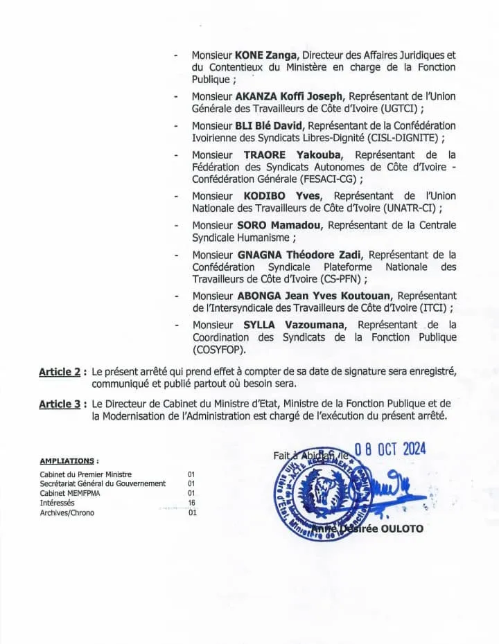 Deuxième Image de Politique. La nomination de Traoré Yakouba, Secrétaire général de la Fédération des Syndicats Autonomes de Côte d'Ivoire - Confédération Générale (FESACI-CG), en tant que membre du Comité consultatif de la Fonction publique est un événement d'importance majeure. Cette nomination, qui intervient suite à un arrêté ministériel, marque un tournant dans la crise de gouvernance qui secouait la FESACI-CG depuis des mois. Retour sur les événements qui ont précédé cette décision et sur ses conséquences pour l'avenir de la représentation syndicale en Côte d'Ivoire. La crise de gouvernance : origines et manifestations La crise au sein de la FESACI-CG trouve son origine dans les tensions qui ont émergé suite au congrès électif du 13 juillet 2024. Lors de ce congrès, Traoré Yakouba a été élu à la tête de la fédération, succédant ainsi à Kouamé Koffi Kra Félix, l'ancien Secrétaire général. Cependant, cette élection n'a pas fait l'unanimité. Kouamé Koffi Kra Félix, refusant de céder sa place, a contesté les résultats et engagé des actions en justice pour revendiquer la légitimité de son mandat. Cette situation a entraîné une division interne au sein de la FESACI-CG, perturbant son fonctionnement et affectant sa capacité à représenter efficacement les travailleurs ivoiriens. Pendant plusieurs mois, la fédération a été le théâtre de querelles intestines qui ont mis en péril sa crédibilité et sa pertinence sur la scène syndicale. L'absence de la FESACI-CG aux festivités de la Fête nationale en août 2024, en raison de cette crise, a suscité des inquiétudes parmi les syndicats de base et les travailleurs qui comptaient sur la fédération pour défendre leurs intérêts. Pour tenter de résoudre cette crise, une Assemblée générale extraordinaire a été convoquée le samedi 5 octobre 2024 à Yopougon. Lors de cette rencontre, les membres de la FESACI-CG ont exprimé leur volonté de rétablir l'ordre au sein de la fédération et de réintégrer pleinement leur organisation dans le dialogue social avec les autorités. Ils ont également formulé des recommandations, dont la plus importante était la reconnaissance de Traoré Yakouba comme représentant légitime de la FESACI-CG. La nomination de Traoré Yakouba au Comité consultatif de la Fonction publique est intervenue par un arrêté ministériel daté du 8 octobre 2024. Cet arrêté marque une avancée significative pour la fédération et pour le mouvement syndical ivoirien en général. En intégrant Traoré Yakouba au sein de ce comité, les autorités ivoiriennes ont non seulement reconné la légitimité de son élection, mais ont également envoyé un signal fort en faveur de la stabilisation de la FESACI-CG. Le Comité consultatif de la Fonction publique est une instance stratégique, chargée de conseiller le gouvernement sur les questions relatives à la gestion des fonctionnaires et à la réforme de la fonction publique. La présence de Traoré Yakouba au sein de ce comité confère à la FESACI-CG une place de choix dans les décisions qui touchent directement les travailleurs ivoiriens. Pour les acteurs sociaux, cette nomination est perçue comme un pas vers la réconciliation et la reconstruction de l'unité au sein de la fédération. « Cette nomination est un tournant pour la FESACI-CG. Elle montre que le gouvernement est prêt à collaborer avec nous et que nos voix comptent », a déclaré Traoré Yakouba lors de son intervention après la publication de l'arrêté. Il a exprimé sa gratitude envers les membres de la fédération qui ont maintenu leur confiance en lui tout au long de la crise et a appelé à l'unité pour redonner à la FESACI-CG toute sa force et sa pertinence. Les perspectives d'avenir pour la FESACI-CG Avec la fin de cette crise, la FESACI-CG peut enfin se concentrer sur ses priorités : la défense des droits des travailleurs et l'amélioration des conditions de vie et de travail des fonctionnaires en Côte d'Ivoire. La nomination de Traoré Yakouba au Comité consultatif de la Fonction publique ouvre de nouvelles perspectives pour la fédération, qui peut désormais participer pleinement aux discussions et décisions relatives à la fonction publique. L'élection de Traoré Yakouba, confirmée par cette nomination, est aussi un signe fort pour les autres acteurs syndicaux. Elle montre que le dialogue est la voie privilégiée pour résoudre les conflits et que les institutions doivent jouer leur rôle de médiateurs pour garantir la stabilité du mouvement syndical. Les membres de la FESACI-CG voient dans cette nomination une opportunité de redynamiser leur action, de mobiliser les travailleurs autour de nouvelles revendications et de peser dans le dialogue social. Les représentants des autres syndicats ont également réagi positivement à cette nomination. « Le retour de la FESACI-CG dans le processus de dialogue social est une bonne nouvelle pour tous les travailleurs ivoiriens. Cela montre que les divisions internes peuvent être surmontées lorsque les acteurs sont animés par la volonté de servir le bien commun », a commenté Gnagna Théodore Zadi, Représentant de la Confédération Syndicale Plateforme Nationale des Travailleurs de Côte d'Ivoire. Le Comité consultatif de la Fonction publique est une institution de premier plan dans la gouvernance de la fonction publique ivoirienne. Composé de représentants des syndicats, des ministères et des experts, ce comité a pour mission de donner des avis sur les questions relatives aux réformes administratives, aux conditions de travail, et aux politiques salariales des fonctionnaires. La nomination de Traoré Yakouba en tant que membre de ce comité permet à la FESACI-CG de prendre une part active aux décisions qui impacteront les travailleurs. Toutefois, cette nouvelle responsabilité s'accompagne de nombreux défis. Il s'agit notamment de préserver l'unité retrouvée au sein de la FESACI-CG, de renforcer la cohésion entre les différents syndicats membres, et de continuer à promouvoir un dialogue constructif avec les autorités. Traoré Yakouba devra ainsi faire preuve de leadership et d'habileté politique pour mener à bien sa mission, tout en veillant à ce que les intérêts des travailleurs soient pris en compte. « Le Comité consultatif est un lieu de dialogue et de négociation. Il est crucial que la voix des travailleurs y soit bien représentée et que les syndicats jouent pleinement leur rôle pour améliorer les conditions de vie des fonctionnaires », a rappelé un expert en gouvernance publique. La présence de la FESACI-CG au sein de ce comité permettra à la fédération de faire entendre sa voix et de proposer des solutions concrètes pour répondre aux attentes des travailleurs. La nomination de Traoré Yakouba au sein du Comité consultatif de la Fonction publique symbolise la fin de la crise qui a paralysé la FESACI-CG pendant plusieurs mois. Cette nomination est porteuse d'espoir pour la fédération et pour l'ensemble des travailleurs ivoiriens, qui voient dans cette évolution l'opportunité d'un nouveau départ. Pour que cette dynamique soit maintenue, il est cependant essentiel que toutes les parties prenantes, y compris les autorités, les syndicats, et les travailleurs eux-mêmes, s'engagent dans un processus de dialogue ouvert et constructif. Le rôle de la FESACI-CG, et de son Secrétaire général, sera crucial pour maintenir cette stabilité et pour redonner au mouvement syndical ivoirien toute sa force et sa capacité à influencer les décisions publiques. La question reste dès lors ouverte : comment la FESACI-CG saura-t-elle utiliser cette nouvelle dynamique pour renforcer la représentation des travailleurs et répondre aux nombreux défis auxquels est confrontée la fonction publique ivoirienne ?