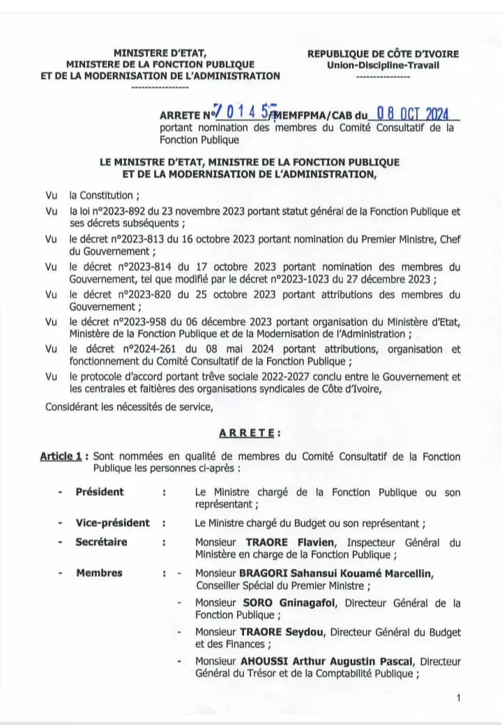 Troisième Image de Politique. La nomination de Traoré Yakouba, Secrétaire général de la Fédération des Syndicats Autonomes de Côte d'Ivoire - Confédération Générale (FESACI-CG), en tant que membre du Comité consultatif de la Fonction publique est un événement d'importance majeure. Cette nomination, qui intervient suite à un arrêté ministériel, marque un tournant dans la crise de gouvernance qui secouait la FESACI-CG depuis des mois. Retour sur les événements qui ont précédé cette décision et sur ses conséquences pour l'avenir de la représentation syndicale en Côte d'Ivoire. La crise de gouvernance : origines et manifestations La crise au sein de la FESACI-CG trouve son origine dans les tensions qui ont émergé suite au congrès électif du 13 juillet 2024. Lors de ce congrès, Traoré Yakouba a été élu à la tête de la fédération, succédant ainsi à Kouamé Koffi Kra Félix, l'ancien Secrétaire général. Cependant, cette élection n'a pas fait l'unanimité. Kouamé Koffi Kra Félix, refusant de céder sa place, a contesté les résultats et engagé des actions en justice pour revendiquer la légitimité de son mandat. Cette situation a entraîné une division interne au sein de la FESACI-CG, perturbant son fonctionnement et affectant sa capacité à représenter efficacement les travailleurs ivoiriens. Pendant plusieurs mois, la fédération a été le théâtre de querelles intestines qui ont mis en péril sa crédibilité et sa pertinence sur la scène syndicale. L'absence de la FESACI-CG aux festivités de la Fête nationale en août 2024, en raison de cette crise, a suscité des inquiétudes parmi les syndicats de base et les travailleurs qui comptaient sur la fédération pour défendre leurs intérêts. Pour tenter de résoudre cette crise, une Assemblée générale extraordinaire a été convoquée le samedi 5 octobre 2024 à Yopougon. Lors de cette rencontre, les membres de la FESACI-CG ont exprimé leur volonté de rétablir l'ordre au sein de la fédération et de réintégrer pleinement leur organisation dans le dialogue social avec les autorités. Ils ont également formulé des recommandations, dont la plus importante était la reconnaissance de Traoré Yakouba comme représentant légitime de la FESACI-CG. La nomination de Traoré Yakouba au Comité consultatif de la Fonction publique est intervenue par un arrêté ministériel daté du 8 octobre 2024. Cet arrêté marque une avancée significative pour la fédération et pour le mouvement syndical ivoirien en général. En intégrant Traoré Yakouba au sein de ce comité, les autorités ivoiriennes ont non seulement reconné la légitimité de son élection, mais ont également envoyé un signal fort en faveur de la stabilisation de la FESACI-CG. Le Comité consultatif de la Fonction publique est une instance stratégique, chargée de conseiller le gouvernement sur les questions relatives à la gestion des fonctionnaires et à la réforme de la fonction publique. La présence de Traoré Yakouba au sein de ce comité confère à la FESACI-CG une place de choix dans les décisions qui touchent directement les travailleurs ivoiriens. Pour les acteurs sociaux, cette nomination est perçue comme un pas vers la réconciliation et la reconstruction de l'unité au sein de la fédération. « Cette nomination est un tournant pour la FESACI-CG. Elle montre que le gouvernement est prêt à collaborer avec nous et que nos voix comptent », a déclaré Traoré Yakouba lors de son intervention après la publication de l'arrêté. Il a exprimé sa gratitude envers les membres de la fédération qui ont maintenu leur confiance en lui tout au long de la crise et a appelé à l'unité pour redonner à la FESACI-CG toute sa force et sa pertinence. Les perspectives d'avenir pour la FESACI-CG Avec la fin de cette crise, la FESACI-CG peut enfin se concentrer sur ses priorités : la défense des droits des travailleurs et l'amélioration des conditions de vie et de travail des fonctionnaires en Côte d'Ivoire. La nomination de Traoré Yakouba au Comité consultatif de la Fonction publique ouvre de nouvelles perspectives pour la fédération, qui peut désormais participer pleinement aux discussions et décisions relatives à la fonction publique. L'élection de Traoré Yakouba, confirmée par cette nomination, est aussi un signe fort pour les autres acteurs syndicaux. Elle montre que le dialogue est la voie privilégiée pour résoudre les conflits et que les institutions doivent jouer leur rôle de médiateurs pour garantir la stabilité du mouvement syndical. Les membres de la FESACI-CG voient dans cette nomination une opportunité de redynamiser leur action, de mobiliser les travailleurs autour de nouvelles revendications et de peser dans le dialogue social. Les représentants des autres syndicats ont également réagi positivement à cette nomination. « Le retour de la FESACI-CG dans le processus de dialogue social est une bonne nouvelle pour tous les travailleurs ivoiriens. Cela montre que les divisions internes peuvent être surmontées lorsque les acteurs sont animés par la volonté de servir le bien commun », a commenté Gnagna Théodore Zadi, Représentant de la Confédération Syndicale Plateforme Nationale des Travailleurs de Côte d'Ivoire. Le Comité consultatif de la Fonction publique est une institution de premier plan dans la gouvernance de la fonction publique ivoirienne. Composé de représentants des syndicats, des ministères et des experts, ce comité a pour mission de donner des avis sur les questions relatives aux réformes administratives, aux conditions de travail, et aux politiques salariales des fonctionnaires. La nomination de Traoré Yakouba en tant que membre de ce comité permet à la FESACI-CG de prendre une part active aux décisions qui impacteront les travailleurs. Toutefois, cette nouvelle responsabilité s'accompagne de nombreux défis. Il s'agit notamment de préserver l'unité retrouvée au sein de la FESACI-CG, de renforcer la cohésion entre les différents syndicats membres, et de continuer à promouvoir un dialogue constructif avec les autorités. Traoré Yakouba devra ainsi faire preuve de leadership et d'habileté politique pour mener à bien sa mission, tout en veillant à ce que les intérêts des travailleurs soient pris en compte. « Le Comité consultatif est un lieu de dialogue et de négociation. Il est crucial que la voix des travailleurs y soit bien représentée et que les syndicats jouent pleinement leur rôle pour améliorer les conditions de vie des fonctionnaires », a rappelé un expert en gouvernance publique. La présence de la FESACI-CG au sein de ce comité permettra à la fédération de faire entendre sa voix et de proposer des solutions concrètes pour répondre aux attentes des travailleurs. La nomination de Traoré Yakouba au sein du Comité consultatif de la Fonction publique symbolise la fin de la crise qui a paralysé la FESACI-CG pendant plusieurs mois. Cette nomination est porteuse d'espoir pour la fédération et pour l'ensemble des travailleurs ivoiriens, qui voient dans cette évolution l'opportunité d'un nouveau départ. Pour que cette dynamique soit maintenue, il est cependant essentiel que toutes les parties prenantes, y compris les autorités, les syndicats, et les travailleurs eux-mêmes, s'engagent dans un processus de dialogue ouvert et constructif. Le rôle de la FESACI-CG, et de son Secrétaire général, sera crucial pour maintenir cette stabilité et pour redonner au mouvement syndical ivoirien toute sa force et sa capacité à influencer les décisions publiques. La question reste dès lors ouverte : comment la FESACI-CG saura-t-elle utiliser cette nouvelle dynamique pour renforcer la représentation des travailleurs et répondre aux nombreux défis auxquels est confrontée la fonction publique ivoirienne ?