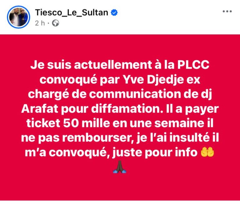 Image de Célébrités. L'actualité d'hier a pris une tournure inattendue pour l’artiste ivoirien Tiesco le Sultan. Connu pour ses sorties audacieuses et son franc-parler, l’artiste s’est retrouvé face à la police suite à une plainte déposée pour diffamation par Yve Djedje, ancien chargé de communication de DJ Arafat. Cette situation rappelle une fois de plus que la guerre des égos et des intérêts n’épargne personne, même parmi les plus grands noms de la scène musicale ivoirienne. Les Origines du Conflit : Une Somme Non Remise L’affaire a pris une ampleur particulière après que Tiesco le Sultan ait partagé la nouvelle sur ses réseaux sociaux. Selon ses révélations, le différend serait né d'une histoire liée à une somme d'argent qui n’aurait pas été remise dans son intégralité après un soutien supposé à un concert. Comme souvent dans le milieu artistique, les enjeux financiers, la communication défaillante et les tensions personnelles sont des terrains fertiles pour des conflits à la fois publics et médiatiques. Mais cette affaire soulève aussi des questions plus larges sur les relations dans l'industrie musicale ivoirienne, les enjeux de la réputation et la frontière floue entre l'ironie et la diffamation. Tout a commencé avec une promesse d’aide qui n’a pas été honorée. Selon Tiesco le Sultan, Yve Djedje aurait versé une somme de 50 000 FCFA pour soutenir le concert de l'artiste. Cependant, cette aide, bien que symbolique, ne semble jamais avoir atteint sa destination. L'artiste, qui est connu pour son tempérament parfois impulsif, n’a pas manqué de réagir. Sur les réseaux sociaux, il n’a pas hésité à pointer du doigt ce manquement, qualifiant cette situation d’injustifiable et de non professionnelle. Cette première étincelle aurait suffi à enflammer la situation. Tiesco a évoqué la manière dont l’absence de ce soutien financier a affecté son travail. Pour lui, l’absence de remise de la somme s’apparentait à une forme de trahison, particulièrement dans un secteur où les engagements financiers, même modestes, sont souvent scrutés de près. "Quand on promet, on doit tenir parole", a-t-il souligné. Mais il semble que ce simple échange d'accusations ait ouvert la porte à un conflit beaucoup plus complexe. Après plusieurs échanges houleux et des propos acerbes échangés sur les réseaux sociaux, Yve Djedje a décidé de porter plainte pour diffamation. Selon lui, les accusations publiques de Tiesco le Sultan, notamment sur son profil Facebook, ont porté atteinte à son honneur et à sa réputation. La diffamation, dans ce contexte, devient un argument juridique central. En Côte d'Ivoire, comme dans beaucoup d'autres pays, l’accusation de diffamation est un délit qui peut entraîner des sanctions sévères, allant de simples amendes à des peines de prison dans les cas les plus extrêmes. L’altercation entre les deux hommes semble avoir pris une tournure sérieuse, puisque Tiesco le Sultan a été convoqué à la Police des Lois et de la Cybercriminalité (PLCC). L’artiste, toujours aussi direct, a partagé cette information avec ses abonnés, révélant les détails de la convocation et exprimant son mécontentement. "Je suis actuellement à la PLCC, convoqué par Yve Djedje pour diffamation", a-t-il écrit sur ses réseaux sociaux. Une situation qui n’a pas manqué de relancer les spéculations et d’ouvrir le débat sur la gestion des conflits dans l’industrie musicale. Les Réactions du Public et les Tensions Sociales L’affaire a pris une ampleur considérable, bien au-delà des simples protagonistes. L’opinion publique s’est immédiatement mobilisée, certains soutenant Tiesco le Sultan dans son combat, tandis que d’autres ont pris le parti de Yve Djedje. Cette division reflète bien l'impact des réseaux sociaux dans le traitement des affaires personnelles et professionnelles dans le milieu musical. En quelques heures, l’incident a fait le tour des médias ivoiriens et des plateformes de discussion en ligne. Les fans, particulièrement ceux de DJ Arafat, ne sont pas restés indifférents. Ils ont largement commenté la situation, ajoutant leur propre interprétation des événements. Certains ont exprimé leur soutien à Tiesco le Sultan, accusant Yve Djedje de profiter de la popularité d'Arafat pour régler des comptes personnels. D’autres, au contraire, ont estimé que l’artiste aurait dû faire preuve de plus de professionnalisme en traitant cette affaire de manière privée. Mais une chose est sûre : l'incident a exacerbé les tensions entre deux figures influentes du paysage culturel ivoirien. Les réseaux sociaux, un outil puissant dans la carrière de nombreux artistes, se sont transformés ici en une scène de règlement de comptes. C’est un phénomène récurrent dans l’industrie musicale contemporaine : les conflits qui se jouent en public, souvent amplifiés par des propos polémiques ou des accusations publiques. En l'absence de médiation ou d’espaces de discussion plus formels, ces plateformes deviennent un terrain de confrontation directe. Pour Tiesco le Sultan, qui a toujours adopté une attitude décontractée et parfois provocatrice, la tentation de régler ce différend à travers les réseaux sociaux était sans doute trop grande. Mais les conséquences de cette stratégie ne sont pas sans risques. D’un côté, elle permet de mobiliser l’opinion publique et de dénoncer des comportements jugés inacceptables. De l'autre, elle peut entraîner des poursuites judiciaires, comme dans ce cas précis, où l'artiste fait désormais face à des accusations de diffamation. Cette affaire met en lumière les failles dans la gestion des relations professionnelles au sein du secteur artistique. Le manque de transparence financière et la non-respect des engagements ne sont pas des phénomènes nouveaux dans l’industrie, mais ils révèlent une fois de plus que la professionnalisation du secteur est encore insuffisante dans de nombreux pays d'Afrique, y compris en Côte d'Ivoire. La situation pourrait-elle évoluer vers une meilleure organisation des relations entre les artistes, les promoteurs, et les chargés de communication ? Loin des polémiques, il est nécessaire d’établir des mécanismes de règlement des conflits clairs, afin d’éviter que les désaccords n’enveniment les carrières et ne nuisent à la réputation des artistes. Enfin, cette histoire soulève une question essentielle : jusqu'où un artiste peut-il aller pour protéger son image tout en restant authentique ? Tiesco le Sultan, comme beaucoup d'autres, a souvent utilisé son image de "bad boy" pour se démarquer. Mais dans un environnement aussi concurrentiel que celui de la musique, cet "art de la provocation" peut-il être perçu comme un frein à son succès à long terme ?