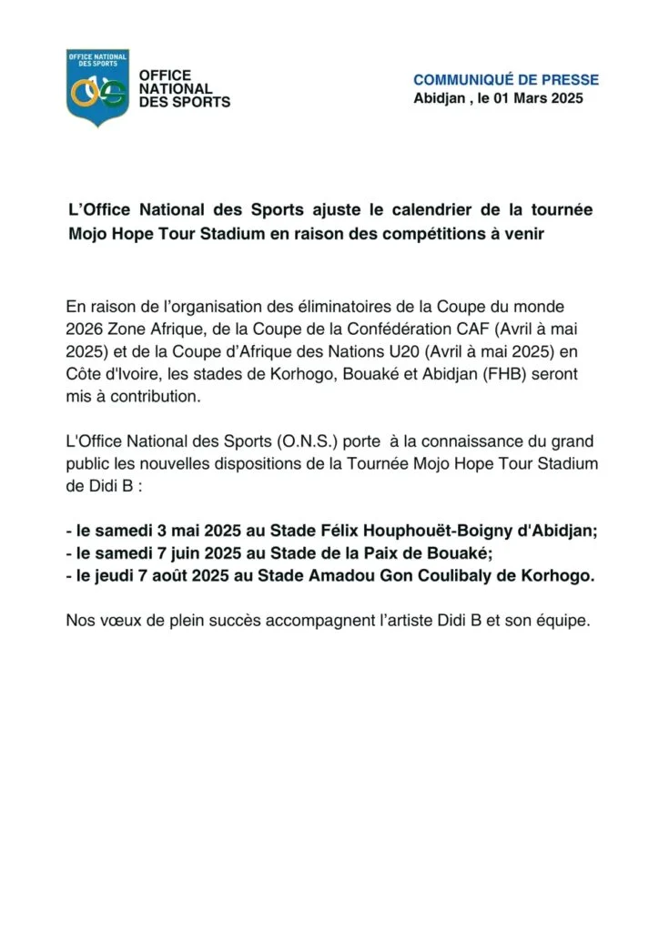 Deuxième Image de Musique/Radio. La star ivoirienne Didi B, récemment primée aux Trace Awards 2025, voit sa tournée MOJO Hope Tour Stadium repoussée en raison d’un calendrier sportif surchargé. Les fans devront patienter quelques mois de plus pour vibrer au rythme de l’artiste dans les stades de Côte d’Ivoire. Découvrez les raisons de ce report, les nouvelles dates et les enjeux derrière cette décision. Un calendrier sportif chargé : la cause principale du report La tournée MOJO Hope Tour Stadium de Didi B a dû être décalée en raison d’un agenda sportif particulièrement dense. Entre avril et mai 2025, les stades de Korhogo, Bouaké et Abidjan seront mobilisés pour accueillir plusieurs compétitions internationales majeures. Parmi elles, les éliminatoires de la Coupe du Monde 2026 – Zone Afrique, la Coupe de la Confédération CAF et la Coupe d’Afrique des Nations U20. Ces événements, qui attirent des milliers de spectateurs et nécessitent une logistique complexe, ont contraint Didi B et son équipe à revoir leur calendrier. Ce report, bien que décevant pour certains, souligne l’importance de la coordination entre les acteurs culturels et sportifs en Côte d’Ivoire. Les infrastructures sportives, souvent polyvalentes, sont au cœur de nombreux enjeux économiques et sociaux. Didi B, conscient de ces défis, a préféré s’adapter plutôt que de risquer une organisation précipitée. Didi B et l’Office National des Sports : une collaboration stratégique Pour trouver une solution, Didi B a travaillé en étroite collaboration avec l’Office National des Sports (ONS). Cette entente a permis de fixer de nouvelles dates qui conviennent à toutes les parties prenantes. Ainsi, le MOJO Hope Tour Stadium de Didi B se déroulera désormais en trois temps forts : - Abidjan : 3 mai 2025 au Stade Félix Houphouët-Boigny - Bouaké : 7 juin 2025 - Korhogo : 7 août 2025 Ces nouvelles dates offrent à Didi B l’opportunité de peaufiner sa production artistique et de proposer un spectacle encore plus grandiose. L’artiste, connu pour ses performances énergiques et son engagement envers son public, promet des shows mémorables. Cette collaboration avec l’ONS illustre également l’importance du dialogue entre les secteurs culturel et sportif. En Côte d’Ivoire, où le sport et la musique sont des piliers de l’identité nationale, de tels partenariats sont essentiels pour maximiser l’utilisation des infrastructures et répondre aux attentes du public. Les enjeux d’une tournée de cette envergure Le MOJO Hope Tour Stadium n’est pas qu’une simple série de concerts ; c’est un événement culturel majeur qui met en lumière le dynamisme de la scène musicale ivoirienne. Didi B, figure emblématique du coupé-décalé et ambassadeur de la culture ivoirienne, porte avec cette tournée des ambitions qui dépassent le cadre musical. D’un point de vue économique, une telle tournée génère des retombées significatives pour les villes hôtes. Hôtels, restaurants, transports locaux et commerces bénéficient de l’afflux de fans venus de tout le pays, voire de l’étranger. En outre, l’événement contribue à renforcer l’attractivité touristique de la Côte d’Ivoire, déjà en pleine croissance. Sur le plan social, Didi B utilise sa plateforme pour véhiculer des messages d’espoir et de résilience, notamment à travers le thème « MOJO Hope ». Dans un contexte mondial marqué par des défis économiques et sociaux, cette tournée se veut une célébration de la joie et de la persévérance. Si le report de la tournée MOJO Hope Tour Stadium a pu décevoir certains fans, il témoigne d’une organisation rigoureuse et d’une volonté de proposer un événement à la hauteur des attentes. Didi B, en collaboration avec l’Office National des Sports, a su transformer cette contrainte en opportunité. Les nouvelles dates, soigneusement choisies, permettront à l’artiste de briller sur scène tout en respectant les impératifs logistiques et sportifs. Reste à savoir : comment Didi B compte-t-il surprendre son public lors de cette tournée tant attendue ?