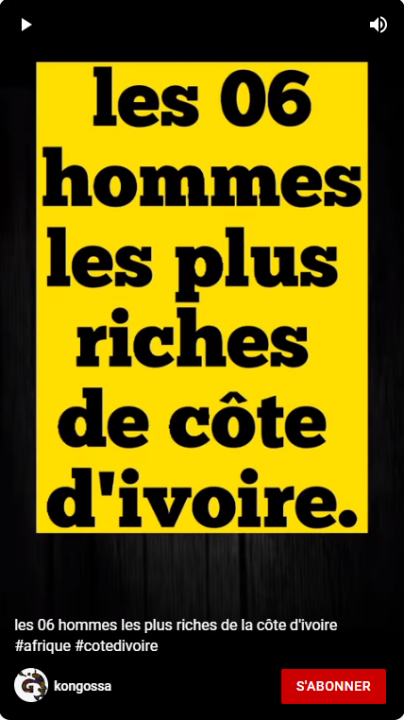 Image de Business/Investissement. 1/ 410 millions $ Jean-Louis Billon, né le 8 décembre 1964 à Bouaké, est un homme politique et homme d'affaires ivoirien. Il est ministre du Commerce du 22 novembre 2012 au 10 janvier 2017. 2/ 405 millions $ Jean Kacou Diagou est un homme d’affaires ivoirien né le 1ᵉʳ janvier 1948 à Cocody, Abidjan, en Côte d'Ivoire. Marié et père de 5 enfants, il est le fondateur du premier groupe ivoirien de banque-assurance NSIA. Il a corédigé le code CIMA régissant cet organisme d’assurance panafricain. 3/ 240 millions $ Yaya Touré, né le 13 mai 1983 à Bouaké en Côte d'Ivoire, est un footballeur international ivoirien qui évolue au poste de milieu relayeur. Il possède également la nationalité britannique depuis 2018. 4/ 215 millions $ Seydou Koné, dit Alpha Blondy, né le 1ᵉʳ janvier 1953 à Dimbokro, est un chanteur de reggae ivoirien. Il chante aussi bien en français, en dioula et en baoulé qu'en anglais. C'est un artiste de scène qui se produit dans le monde entier. 5/ 215 millions $ Didier Drogba, né le 11 mars 1978 à Abidjan, en Côte d’Ivoire, est un footballeur international ivoirien qui évoluait au poste d'avant-centre. Drogba commence sa carrière en France, au Mans Union Club 72. 6/ 133 millions $ Gervais Yao Kouassi dit Gervinho, né le 27 mai 1987 à Anyama, est un footballeur international ivoirien évoluant au poste d'attaquant à l'Aris Salonique.