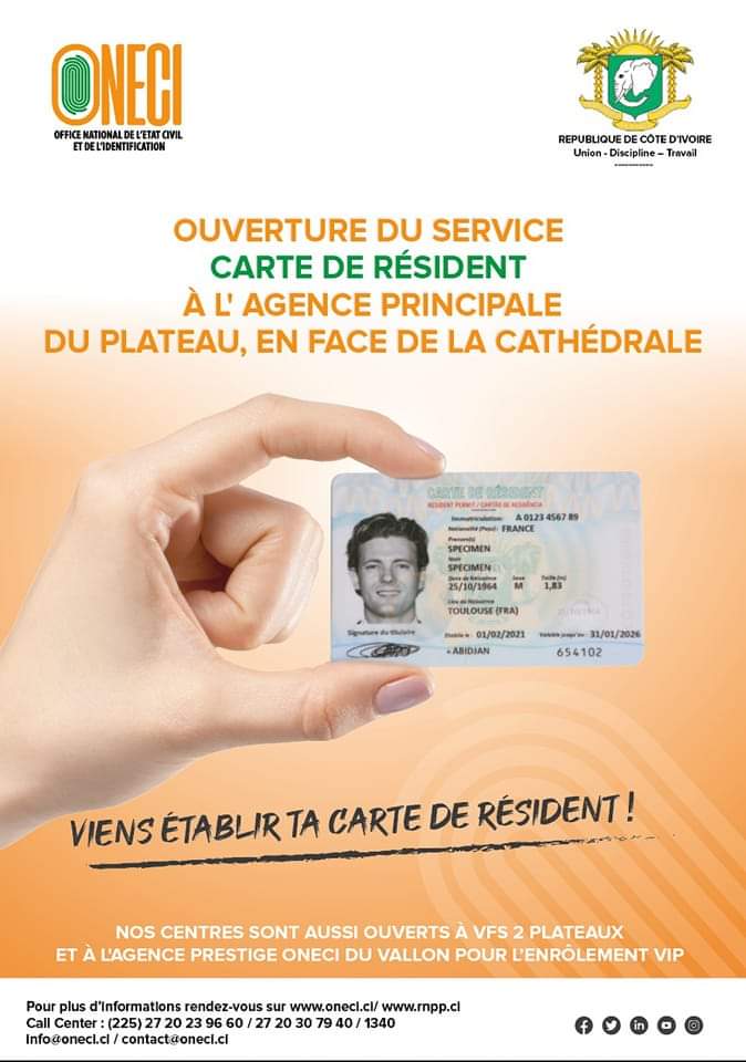 Image de Société. L'Office national de l'identification de Côte d'Ivoire en abrégé ONECI informe qu'il est désormais possible, pour tout étranger, de se faire établir une carte de résident à son agence sise au Plateau, en face de la cathédrale. Les conditions ont été communiquées et les montants varient entre 15.000 FCFA et 300.000 FCFA. Ce document permet aux étrangers de circuler et vaquer à leurs occupations en toute légalité sur toute l'étendue du territoire. Semble-t-il qu'il n'est pas aussi facile dans certains pays d'obtenir ce laisser passer. Avez-vous un témoignage dans ce sens?