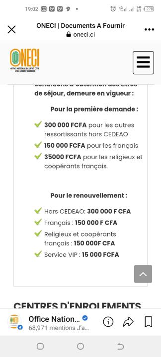 Deuxième Image de Société. L'Office national de l'identification de Côte d'Ivoire en abrégé ONECI informe qu'il est désormais possible, pour tout étranger, de se faire établir une carte de résident à son agence sise au Plateau, en face de la cathédrale. Les conditions ont été communiquées et les montants varient entre 15.000 FCFA et 300.000 FCFA. Ce document permet aux étrangers de circuler et vaquer à leurs occupations en toute légalité sur toute l'étendue du territoire. Semble-t-il qu'il n'est pas aussi facile dans certains pays d'obtenir ce laisser passer. Avez-vous un témoignage dans ce sens?