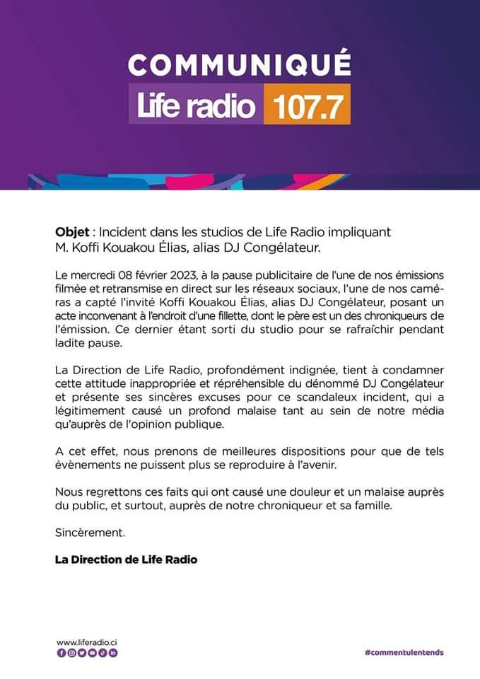 Deuxième Image de Célébrités. Nous avons tous été choqués par une image aperçue sur internet sur laquelle nous pouvions voir DJ Congélateur faire du bouche à bouche à une fillette au sein des locaux de Life Radio. En effet, cela s'est passé durant la pause, lors d'une émission à laquelle était invité l'artiste , à l'absence du parent de la fillette, lui même chroniqueur durant l'émission. C'est dans le but de présenter ses excuses au grand public que Life Radio a produit un communiqué dans lequel elle exprime ses regrets pour cet acte. Un acte qui interpelle tous sur les droits des enfants et rappelle les abus que subissent ceux ci. Cet acte mérite-t-il une sanction? Oui ou non?