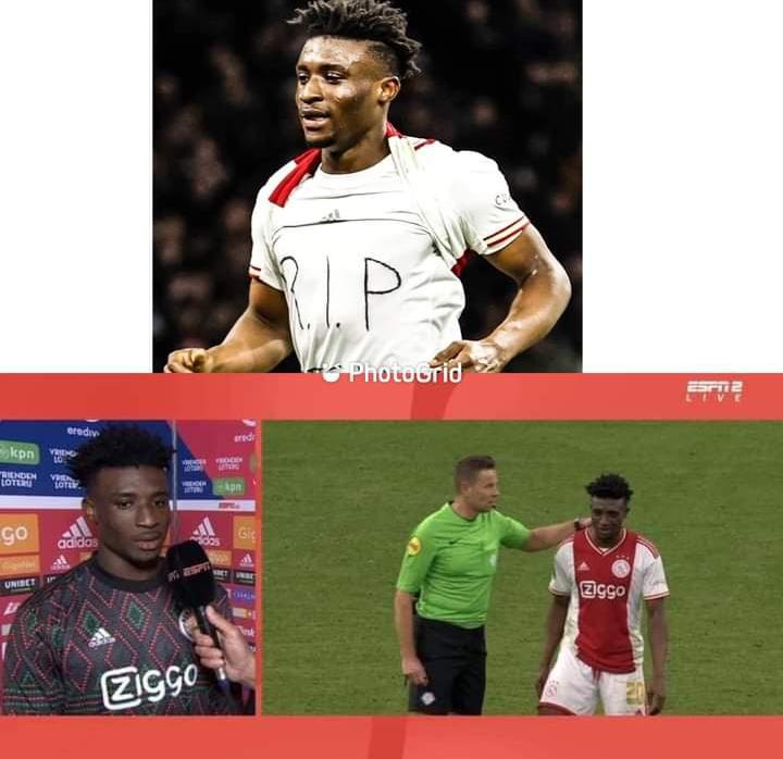 Image de Football. C'est lors de l'opposition entre l'Ajax et le Sparta Rotterdam que les faits se sont déroulés. Afin de célébrer son but, le joueur ghanéen de l'Ajax a relevé son maillot et on pouvait inscrit "RIP" sur le t-shirt qu'il portait sous le maillot. Plutôt que de le sanctionner, l'arbitre a fait preuve de tolérance en ne lui affligeant pas la sanction qu'il mérite, le carton jaune. Merci à l'arbitre qui a été assez compréhensif et une fois de plus toutes nos condoléances à tout le peuple Ghanéen. L'arbitre a-t-il bien fait?