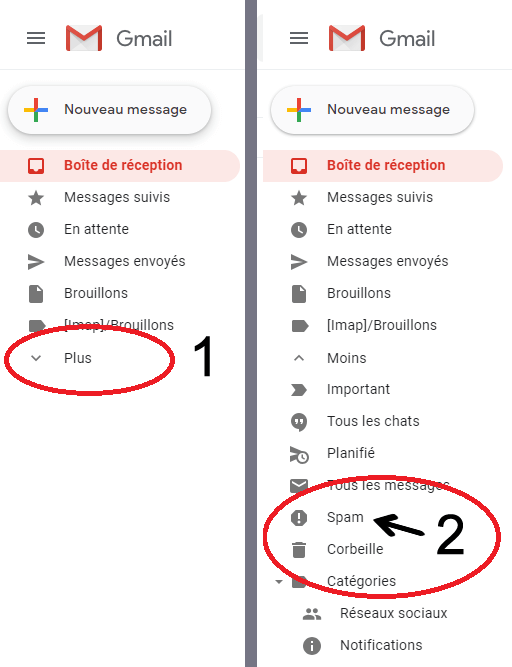 Image de Applications/Logiciels. Certains messages Gmail sont introuvables Dans le menu à gauche de votre écran, cliquez sur Plus puis sur Spam :