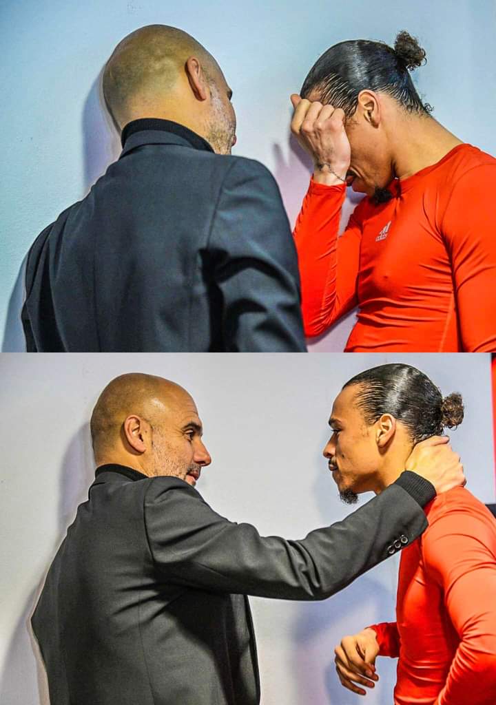 Image de Football. L'entraîneur de Manchester City a fait preuve de compassion à l'égard de son ex poulain au Bayern, Leroy Sané en pleurs après l'élimination du Bayern Munich par les anglais. Le joueur allemand d'origine sénégalaise, cousin de Sadio Mané, était triste de n'avoir pas pu permettre à son équipe de passer pour les demi finales de ligue des champions. Rappelons que les relations entre Sadio Mané et son cousin Leroy Sané ne sont pas au beau fixe, après une bagarre entre les deux joueurs quelques jours plus tôt. Sadio a reproché à son cousin d'avoir eu des propos racistes à son égard et depuis, les relations restent tendues. Pensez vous que le fait de naître sur deux continents différents devrait être source de différence raciale ?