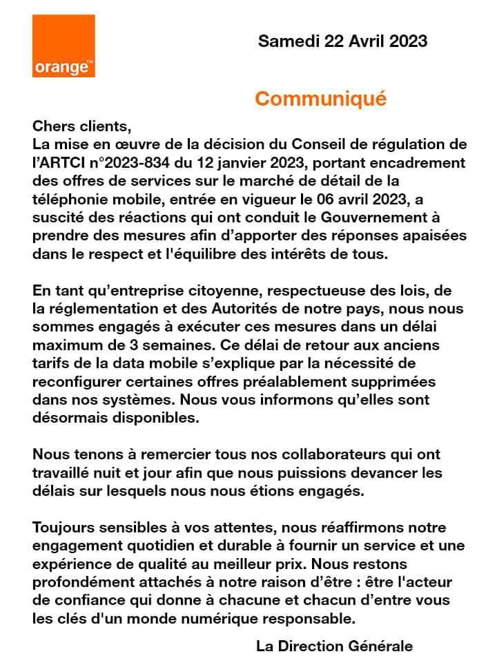 Image de Société. Les deux premiers opérateurs téléphoniques en Côte d'Ivoire, à savoir le français Orange et le sud africain MTN ont produits des communiqués afin d'annoncer le changement de prix après cet appel au boycott des consommateurs ivoiriens. Le changement se veut même visible, ce qui laisse à penser que la population peut toujours changer les choses si elle le désire réellement. MTN et Orange finalement se rallient à la cause des ivoiriens qui vise à améliorer le quotidien des consommateurs. Vous verrez les différents communiqués ci dessous. N'oubliez pas de laisser votre avis.