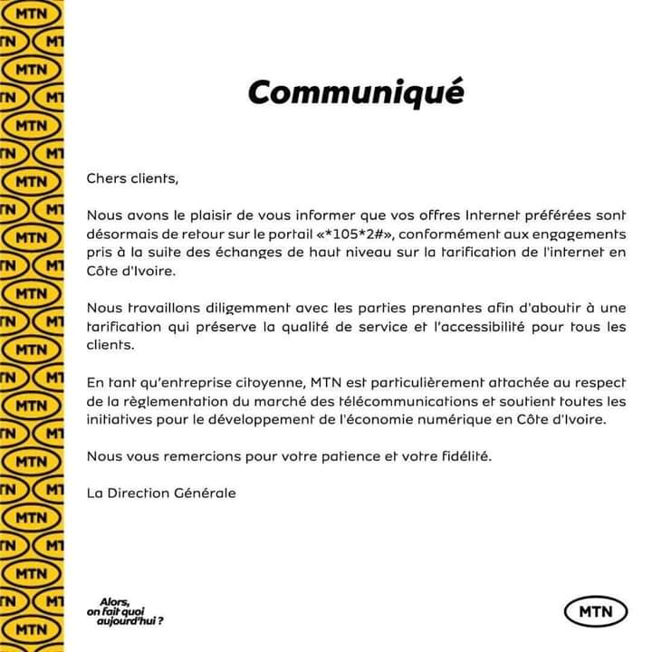 Deuxième Image de Société. Les deux premiers opérateurs téléphoniques en Côte d'Ivoire, à savoir le français Orange et le sud africain MTN ont produits des communiqués afin d'annoncer le changement de prix après cet appel au boycott des consommateurs ivoiriens. Le changement se veut même visible, ce qui laisse à penser que la population peut toujours changer les choses si elle le désire réellement. MTN et Orange finalement se rallient à la cause des ivoiriens qui vise à améliorer le quotidien des consommateurs. Vous verrez les différents communiqués ci dessous. N'oubliez pas de laisser votre avis.