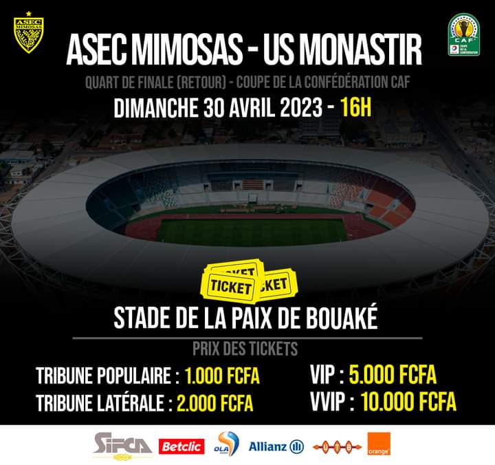 Image de Football. Représentant ivoirien à la coupe de confédération CAF, L'Asec Mimosas, aura son destin en main ce dimanche 30 Avril à domicile. Le match se tiendra à Bouaké et il suffira aux mimos de remporter le match pour se qualifier pour les demi finales. Pas de calcul à faire, le match nul concédé à Tunis permet à l'Asec d'aborder le match retour en ayant toutes les cartes en main face à l'US Monastir, le représentant Tunisien. Parierez vous sur l'Asec?