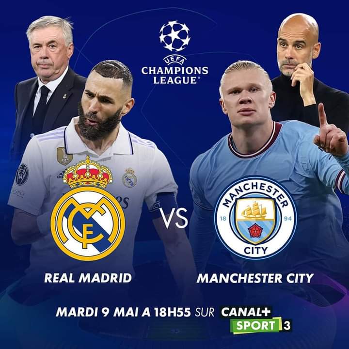 Image de Football. Les demi-finales de la ligue des champions démarrent ce jour autour de 18h avec la rencontre entre le Real Madrid et Manchester City. Vu la méforme du Real Madrid par rapport à City, je parie sur une victoire ou un nul des poulains de Pep Guardiola, c'est à dire City. Qui selon vous remportera ce premier match? Rappelons que le match se tiendra au stade Bernabeu, à Madrid.