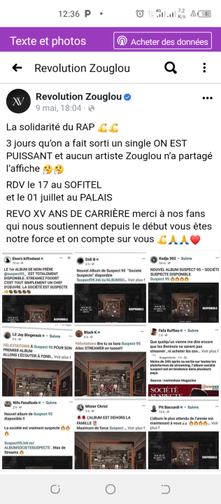 Image de Célébrités. Les quatre fantastiques comme ils se font appeler, ont publié récemment sur leur page officiel Facebook un message dans lequel il laisse apparaître leur stupéfaction, leur émulation face à la solidarité qui règne chez les faiseurs de rap ivoire. Le groupe Révolution a ajouté qu'ils n'avaient reçu aucun soutien alors qu'ils ont annoncé leur concert au Sofitel. Le groupe espérait au moins que leurs collègues de la famille zouglou, par solidarité, relaient l'information sur leurs differentes pages. Rien n'y fit. Alors que du côté du rap ivoire, tous les acteurs de ce mouvement de la musique ivoirienne ont manifesté de l'engouement autour de la sortie de l'album de Suspect 95. Que pensez vous de la solidarité dans le showbiz? Hypocrisie ou amour?