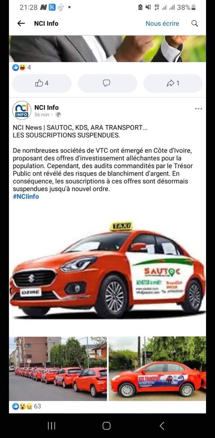 Image de Société. Nous avons vu naître plusieurs différentes entreprises dans le domaine des VTC en Côte d'Ivoire qui font des propositions d'investissement assez alléchantes afin d'attirer plusieurs souscripteurs. Cependant, ce domaine connaît une crise depuis peu après l'implication des autorités qui désirent assainir ce secteur. Un audit mené donc par les autorités laisse planer un soupçon de blanchiment d'argent par le biais desdites entreprises. Tout est donc bloqué jusqu'à nouvel ordre. Aucune souscription n'est possible. Si le soupçon s'avère être vrai, alors on criera "ya problème" en Côte d'Ivoire. Voici l'article publié sur la page d'un média ivoirien. Qu'en dites vous ?