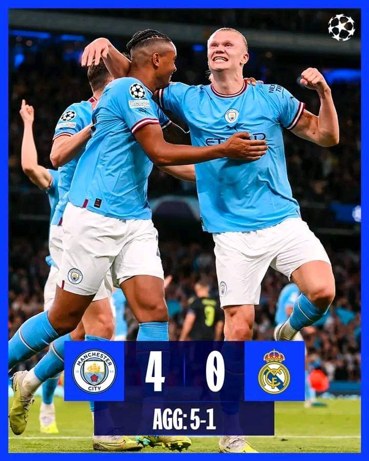 Image de Football. Que dire de cette performance extraordinaire des Citizens face au Real Madrid ? C'est vrai que je m'attendais à une victoire de City mais pas de cette manière, du moins, pas sur un tel score. Et oui, c'est une débâcle qu'à affliger les hommes de Pep Guardiola à ceux de Ancelotti. C'est sur le score de 4 buts à 0 que Haaland et ses coéquipiers vont freiner le parcours de Karim Benzema et ses coéquipiers. Le trophée de l'homme du match est revenu à Bernardo Silva qui a fait un doublé durant le match. Pensez vous que City part favori contre l'Inter lors de la finale?