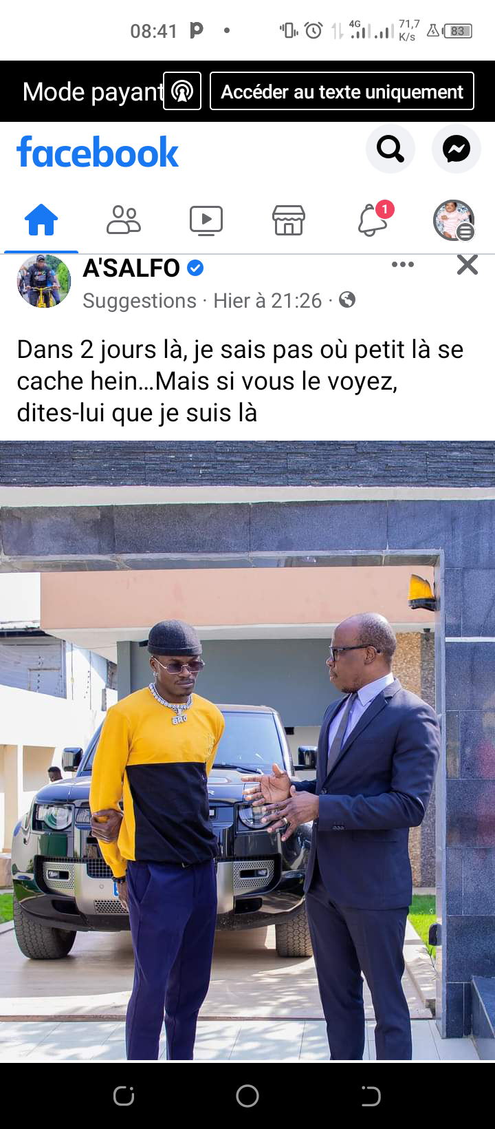 Image de Célébrités. Dans un message sur sa page Facebook, le producteur A'salfo qui tient sous ses ailes depuis un temps Debordo Leekunfa le faiseur de coupé décalé, semble ne pas savoir où se trouve son poulain. Ce message sonne comme un SOS dans lequel celui-ci serait à la recherche de son poulain qu'il n'aurait pas vu depuis un moment. Mais c'est vrai que Debordo se fait vraiment rare, même sur internet, l'homme semble s'être éclipsé dans une pénombre afin, pourrait on penser, de fuir les réalités du showbiz ivoirien. Et vous, sauriez vous où serait passé l'artiste ?