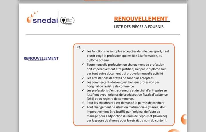 Image de Société. Avez vous vu le communiqué de Snedai concernant les documents à fournir pour le renouvellement du passeport ? Sinon, je vous le laisse découvrir. N'oubliez pas de laisser votre avis sur la question. Personnellement, je trouve le ton est durci inutilement.