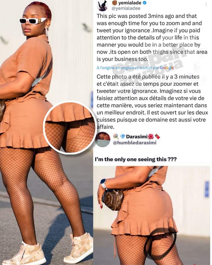 Image de Célébrités. La réponse de la star nigériane Yemi Alade ne s'est pas faite attendre après qu'une internaute ait critiquée son habillement. S'intéressant au collant de Yemi, l'internaute a fait savoir qu'il est déchiré. Yemi, comme réponse, a critiqué l'ignorance de cette personne en lui disant qu'en fait le collant, qui laisse entrevoir sa cuisse, est de par sa conception ouvert sur chaque côté des cuisses, tant à droite qu'à gauche. Je vous laisse découvrir les mots de la star et j'attends vos avis sur sa réponse.