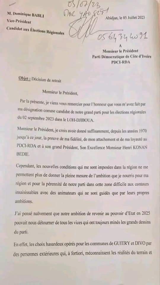 Deuxième Image de Politique. Les choses s'enlisent au PDCI-RDA. A l'approche des élections municipales et régionales, des mécontentements au sujet de la désignation des candidats du parti sont signalés. Il ya celui du candidat aux municipales à Cocody. Même le Vice Président du parti, Babli Dominique, désigné comme candidat à la régionale dans la région de Loh Djiboua a jeté l'éponge se plaignant des désignations de candidats aux municipales dans cette région. Que se passe t-il réellement au PDCI RDA selon vous?