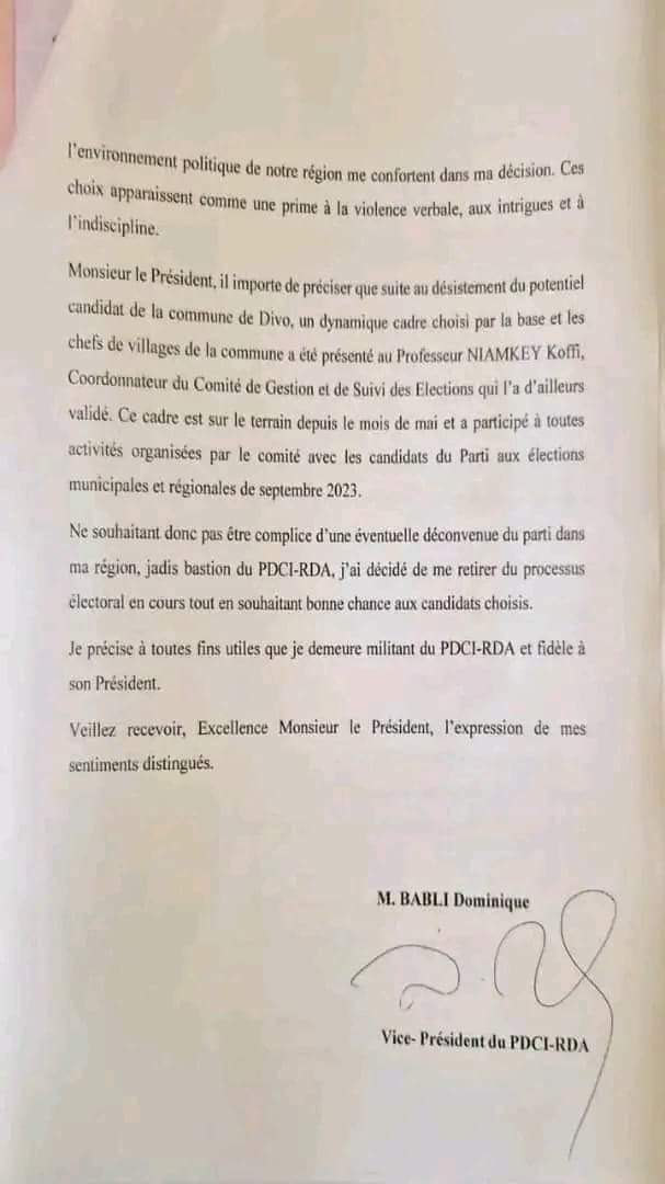 Troisième Image de Politique. Les choses s'enlisent au PDCI-RDA. A l'approche des élections municipales et régionales, des mécontentements au sujet de la désignation des candidats du parti sont signalés. Il ya celui du candidat aux municipales à Cocody. Même le Vice Président du parti, Babli Dominique, désigné comme candidat à la régionale dans la région de Loh Djiboua a jeté l'éponge se plaignant des désignations de candidats aux municipales dans cette région. Que se passe t-il réellement au PDCI RDA selon vous?