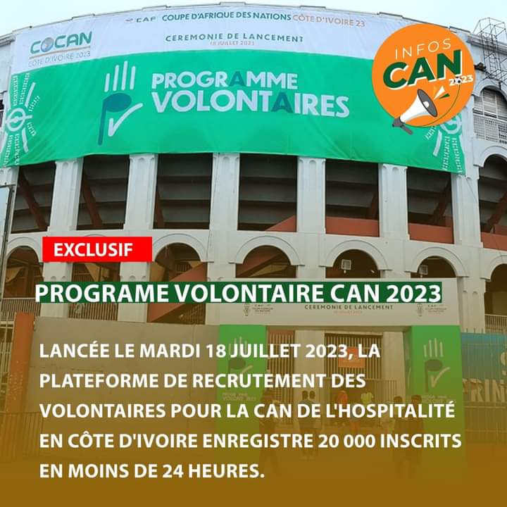 Deuxième Image de Société. Les organisateurs de la CAN 2023 ont lancé un vaste recrutement de volontaires pour l'organisation de la compétition en terre ivoirienne en Janvier 2024. Pour un besoin de 10.000 personnes, on a déjà 20.000 inscrits en à peine 24heures. Apparemment, le volontariat est une valeur bien partagée en Côte d'Ivoire. Qu'en dites-vous ?