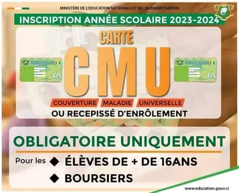 Deuxième Image de Société. Alors que nous nous approchons de la rentrée scolaire 2023-2024, il est important de rappeler à tous les parents d'élèves du caractère obligatoire de la CMU pour les boursiers mais aussi pour tout élève âgé de 16 ans et plus. Autrement dit, tu as 16 ans et plus ou tu es boursier, sans la CMU tu ne pourras pas t'inscrire ou entrer en possession de ta bourse. Me concernant,j'ai pas de souci avec cette exigence seulement si la couverture maladie fonctionnait correctement, on n'aurait pas été obligé de poursuivre les uns et les autres pour s'y accommoder. Qu'il s'engage plus dans le fonctionnement que dans la sensibilisation sinon on pourrait penser que c'est juste de l'escroquerie à grande échelle. Qu'en dites vous?