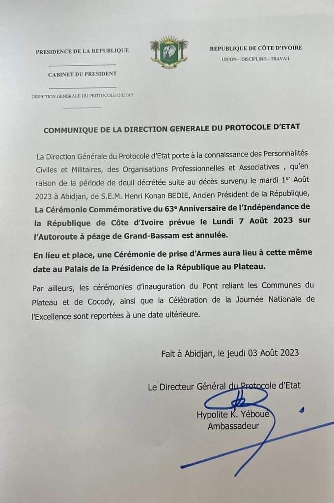 Image de Politique. Le gouvernement ivoirien a annoncé que le défilé de la célébration de la fête de l'indépendance du pays qui était prévu à Grand Bassam sur la nouvelle autoroute est finalement annulé. Les raisons de l'annulation sont inconnues. La cérémonie se tiendra finalement au palais présidentiel à Abidjan. Serait-ce à cause de la situation au Niger ? Serait-ce du à une insécurité ?