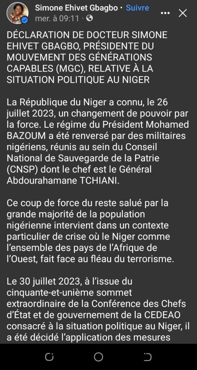 Deuxième Image de Politique. L'ex première dame ivoirienne, Simone Ehivet, par ailleurs Présidente du Mouvement des Générations Capables (MGC) s'est prononcée sur la situation actuelle au Mali. Dans le discours que l'on peut lire sur la page officielle du MGC, l'ex première dame déplore la décision ivoirienne et traite les sanctions de la CEDEAO d'inhumaines. Que pensez-vous déjà de ce point de vue ?