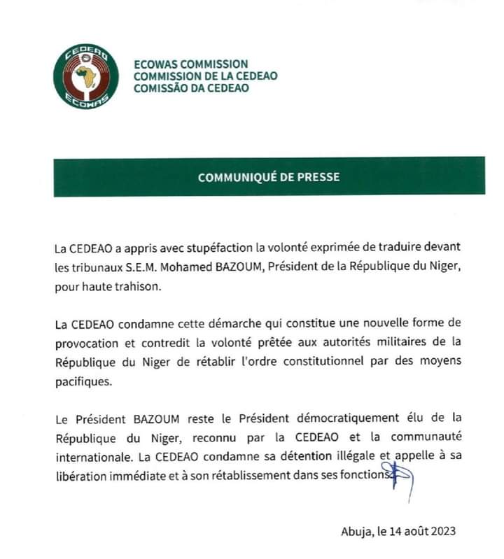 Image de Politique. Alors que le nouveau pouvoir en place au Niger a annoncé entamer des poursuites judiciaires contre le Président Bazoum pour haute trahison, la CEDEAO s'est exprimée contre cette décision. Un communiqué de communauté ouest africaine étale tout le ressenti de l'organisation. Je vous laisse découvrir le discours. Qu'en pensez vous ?