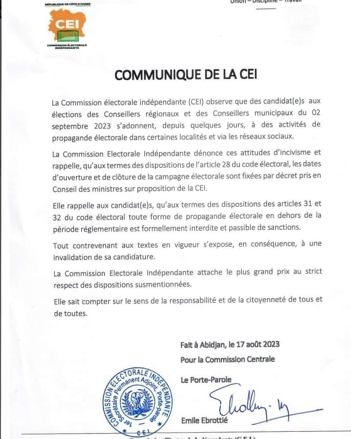 Image de Politique. Ce sont bientôt les élections municipales et régionales en Côte d'Ivoire. Alors que rien n'a encore officiellement démarré, on constate que certains candidats ont déjà entamé une campagne avant la date officielle. La CEI, la commission en charge de l'organisation des élections en Côte d'Ivoire, a donc tenu à interpeler ceux qui s'adonnent à de telles pratiques. Aucune campagne n'est autorisée avant la date officielle. Que pensez-vous de cette décision ?