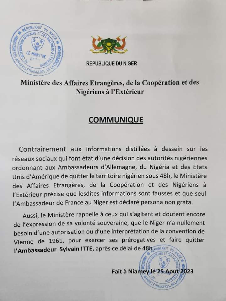 Image de Affaires Etrangères. Le Ministère des affaires étrangères du Niger a ordonné le départ de l'ambassadeur de France au Niger. Le concerné a 48h pour quitter le territoire nigérien. C'est une décision radicale qui montre les tensions diplomatiques existantes entre ces deux pays. Est-ce là une rupture définitive des relations entre le Niger et la France ?