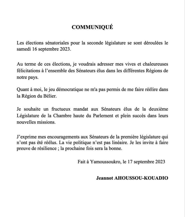 Image de Politique. Le Président du Sénat ivoirien, Ahoussou Jeannot, a été battu doublement par le PDCI-RDA en dépit du fait qu'il soit un cadre du RHDP. Après avoir été battu aux régionales, le Président du Sénat, vient de perdre son siège au sénat pour le prochain mandat. Une défaite concédé face au candidat du PDCI. Serait il là la preuve que l'opposition a également des chances de s'imposer si elle sait s'y prendre?