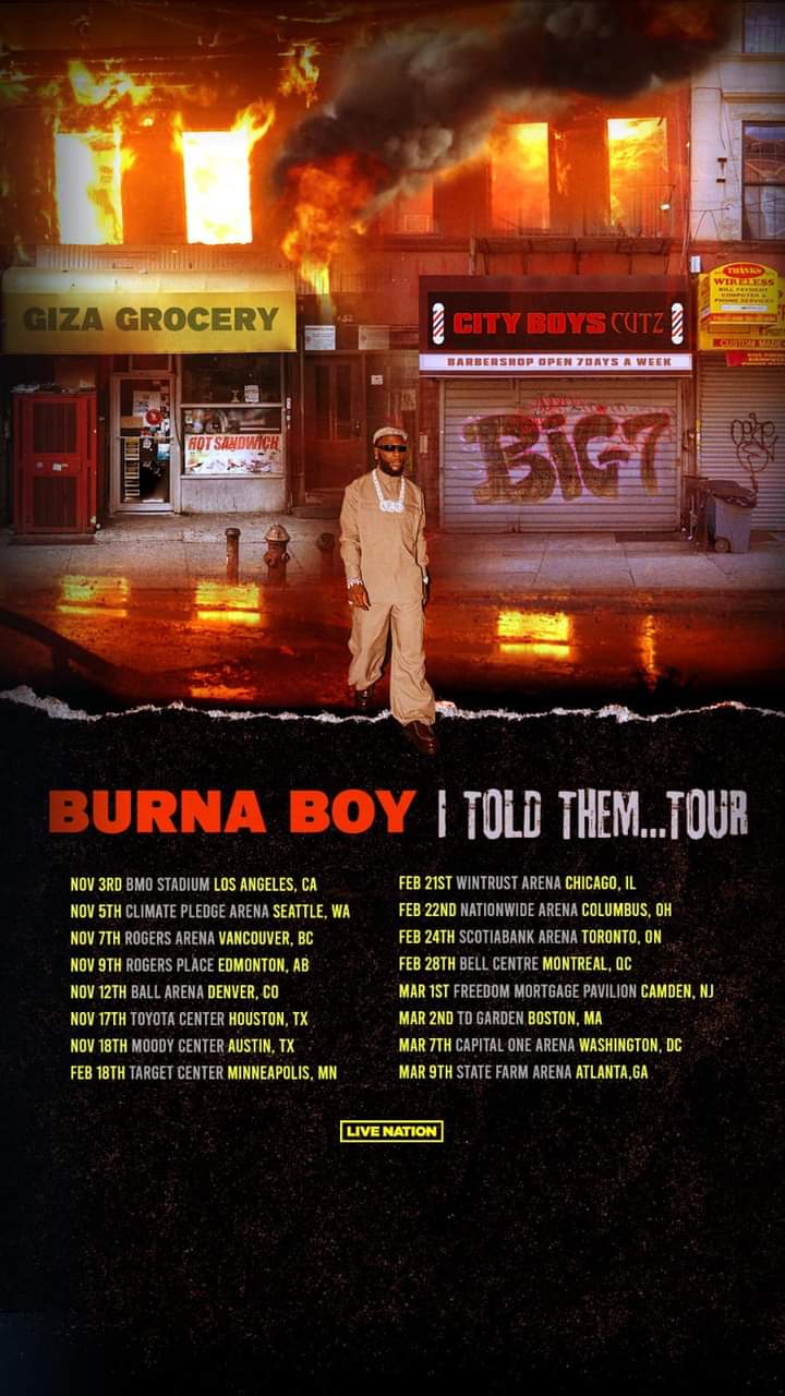 Image de Célébrités. La superstar nigériane, Burna Boy, a annoncé une tournée américaine précisément en Amérique du Nord à compter du 23 Novembre 2023 à Los Angeles pour se terminer le 09 Mars 2024 à Atlanta, toujours aux Etats-Unis. Une manière de se relancer après le fiasco du concert avorté d'Afrique du Sud. Pourquoi est ce que les stars nigérianes ont-ils assez de succès en Amérique ?