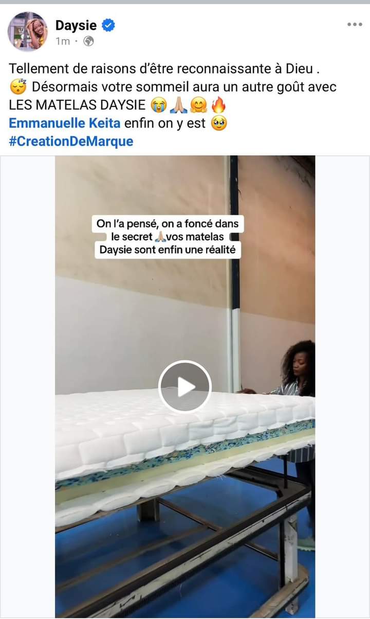 Deuxième Image de Célébrités. L'artiste ivoirienne Daysie vient de lancer sa propre marque de matelas à mousse. C'est l'aboutissement d'un projet nourri depuis longtemps. Toutes nos félicitations à elle car je sais que cela n'a pas été facile de concrétiser son projet. Que pensez vous de cette orientation de Daysie ?