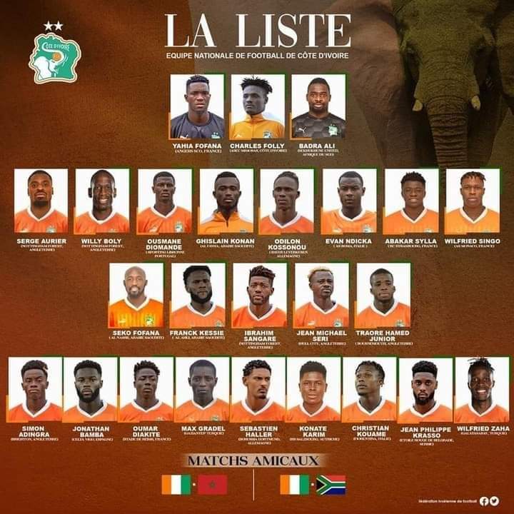 Image de Football. Les éléphants de Côte d'Ivoire auront très bientôt deux matchs amicaux dans le cadre de la préparation de la prochaine CAN. La liste des joueurs retenus pour ces différents matchs a été dévoilée. Je remarque la présence sur la liste de Wilfried Zaha et Seko Fofana qui étaient absents lors des deux dernières rencontres. Pensez-vous que la presence de ces deux joueurs est importante ?