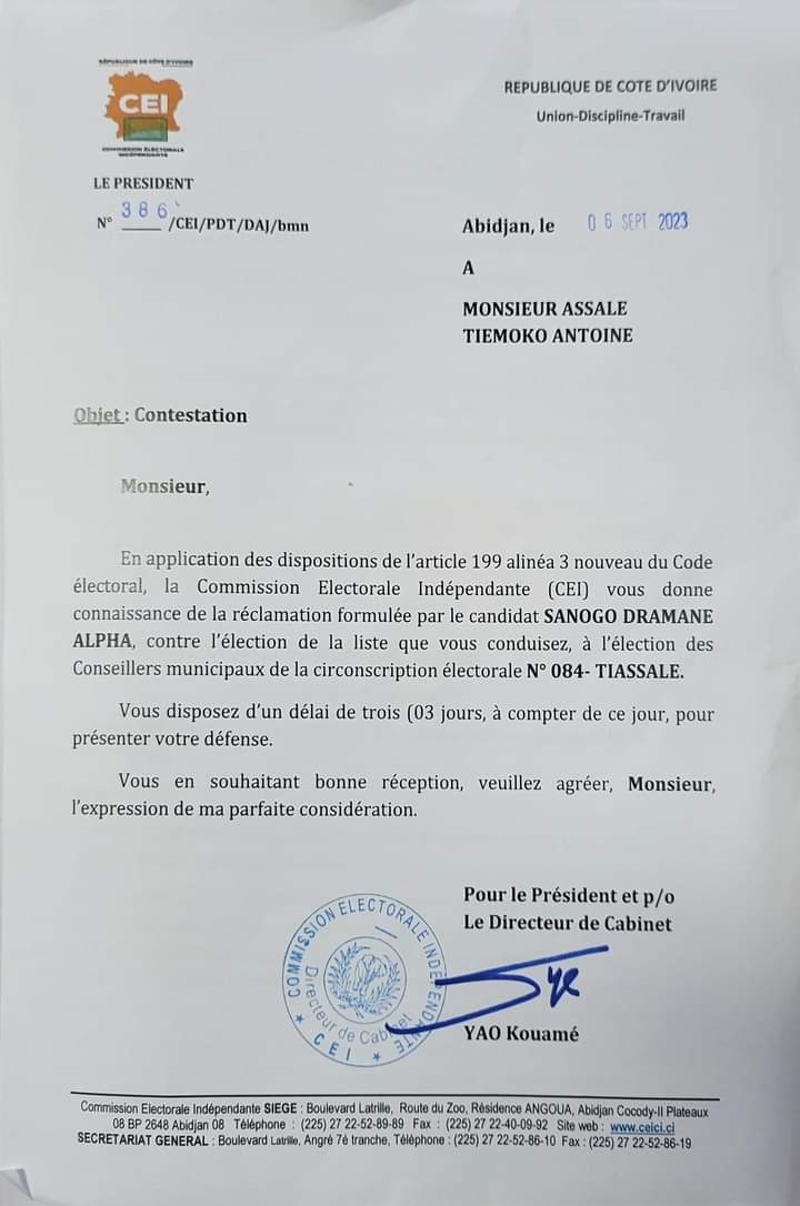 Deuxième Image de Société. Désigné vainqueur des dernières élections municipales à Tiassalé, Tiemoko Assalé devra encore patienter et reprendre les élections s'il tient vraiment à cette responsabilité. Sa victoire a été annulée par la commission de recours. En effet, une plainte avait été déposée par l'adversaire de Tiemoko pour des irrégularités dans le déroulement du scrutin et celle-ci a été confirmée. Ce qui aboutit à l'annulation du scrutin dans la ville de Tiassalé Que pensez vous de l'annulation des municipales dans plusieurs villes ivoiriennes ?